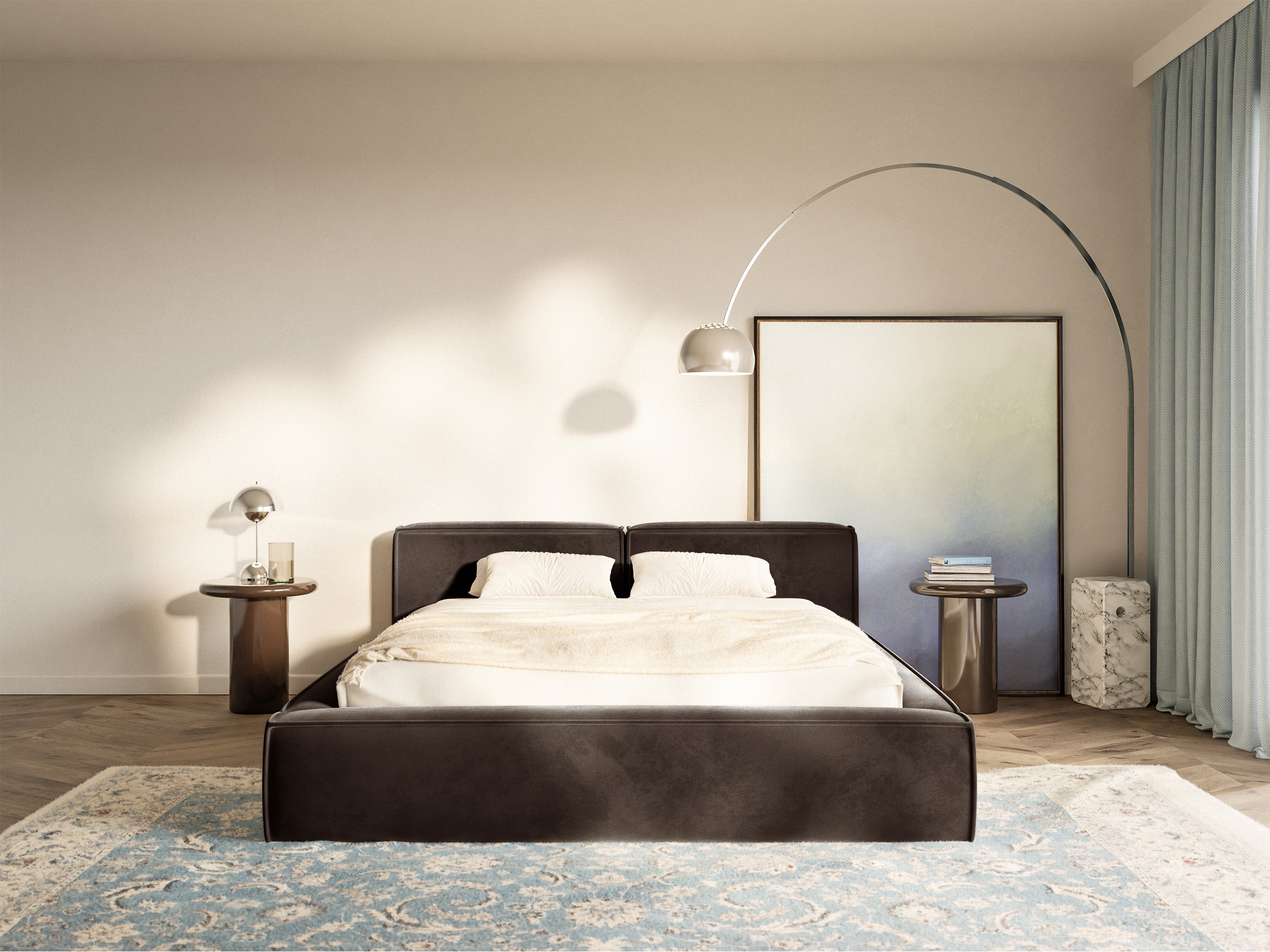 Łóżko tapicerowane 160x200 cm Tilves Slim Low z pojemnikiem stelaż metalowy brązowe welur