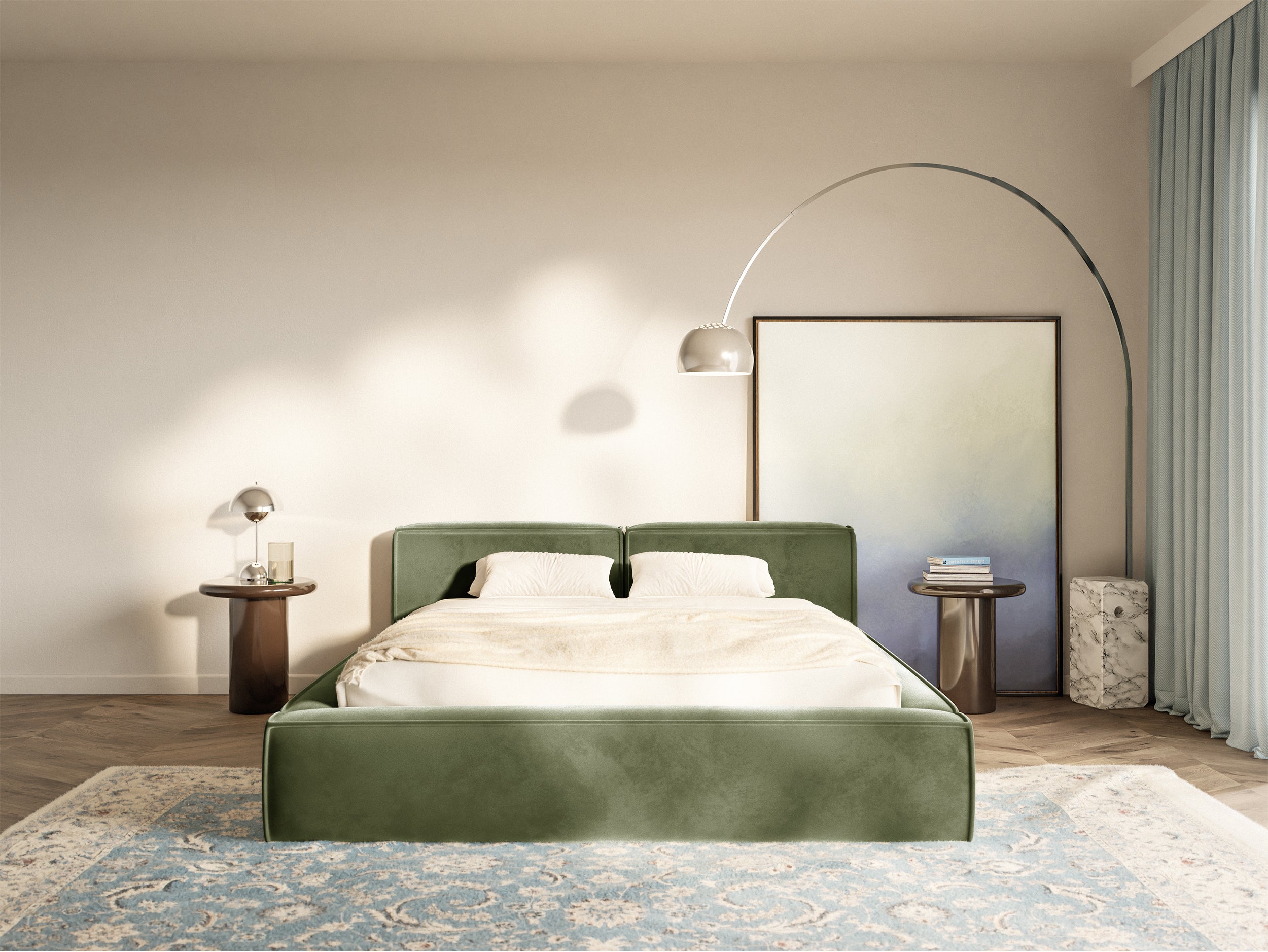 Łóżko tapicerowane 180x200 cm Tilves Slim Low z pojemnikiem stelaż metalowy oliwkowe welur