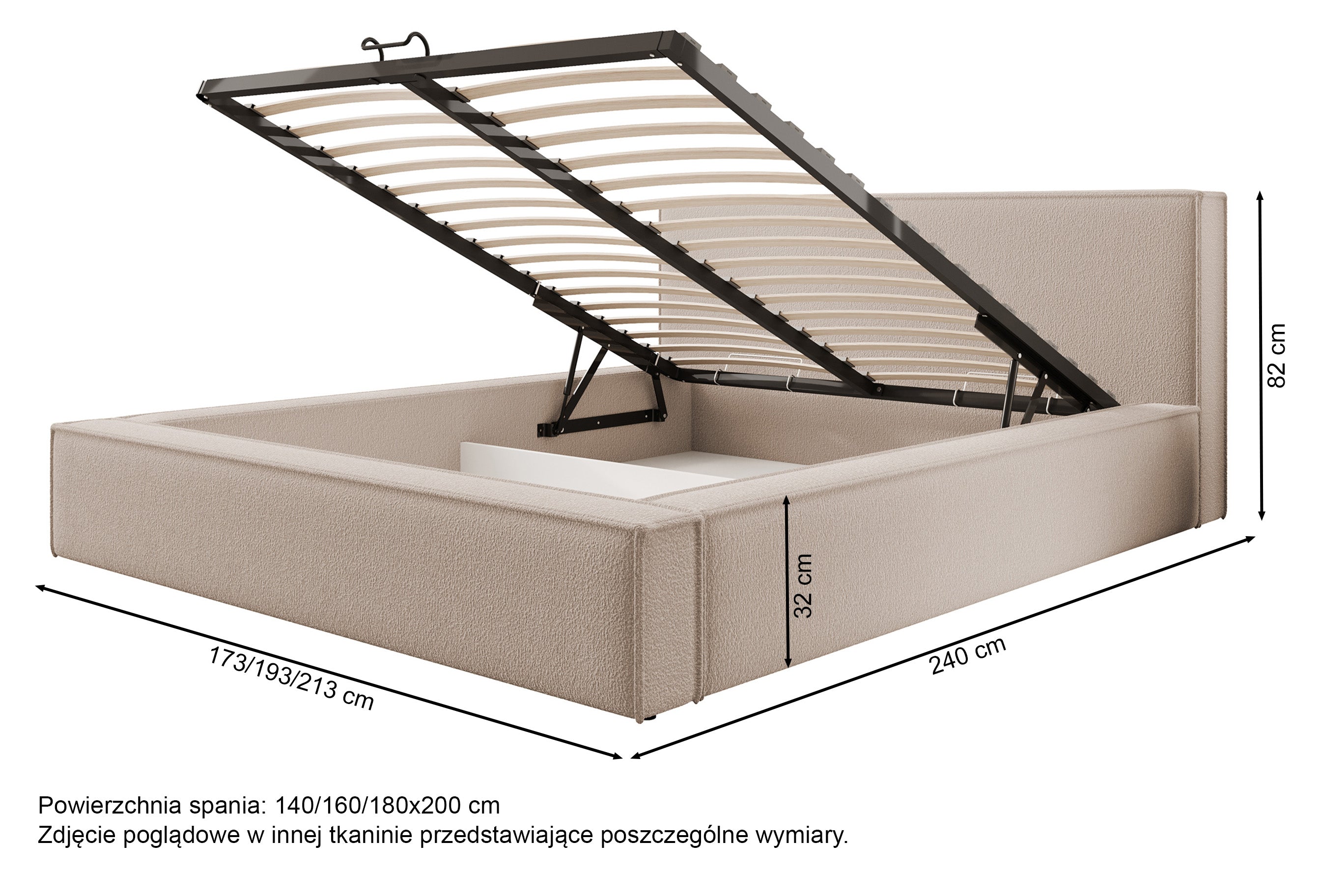 Łóżko tapicerowane 140x200 cm Bocalio z pojemnikiem stelaż metalowy jasnoszare boucle