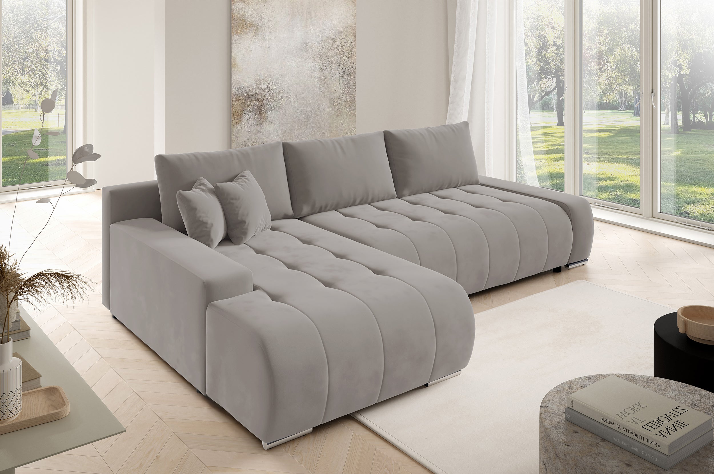 Narożnik z funkcją spania Magliano L-kształtny lewostronny z pojemnikiem beżowy welur