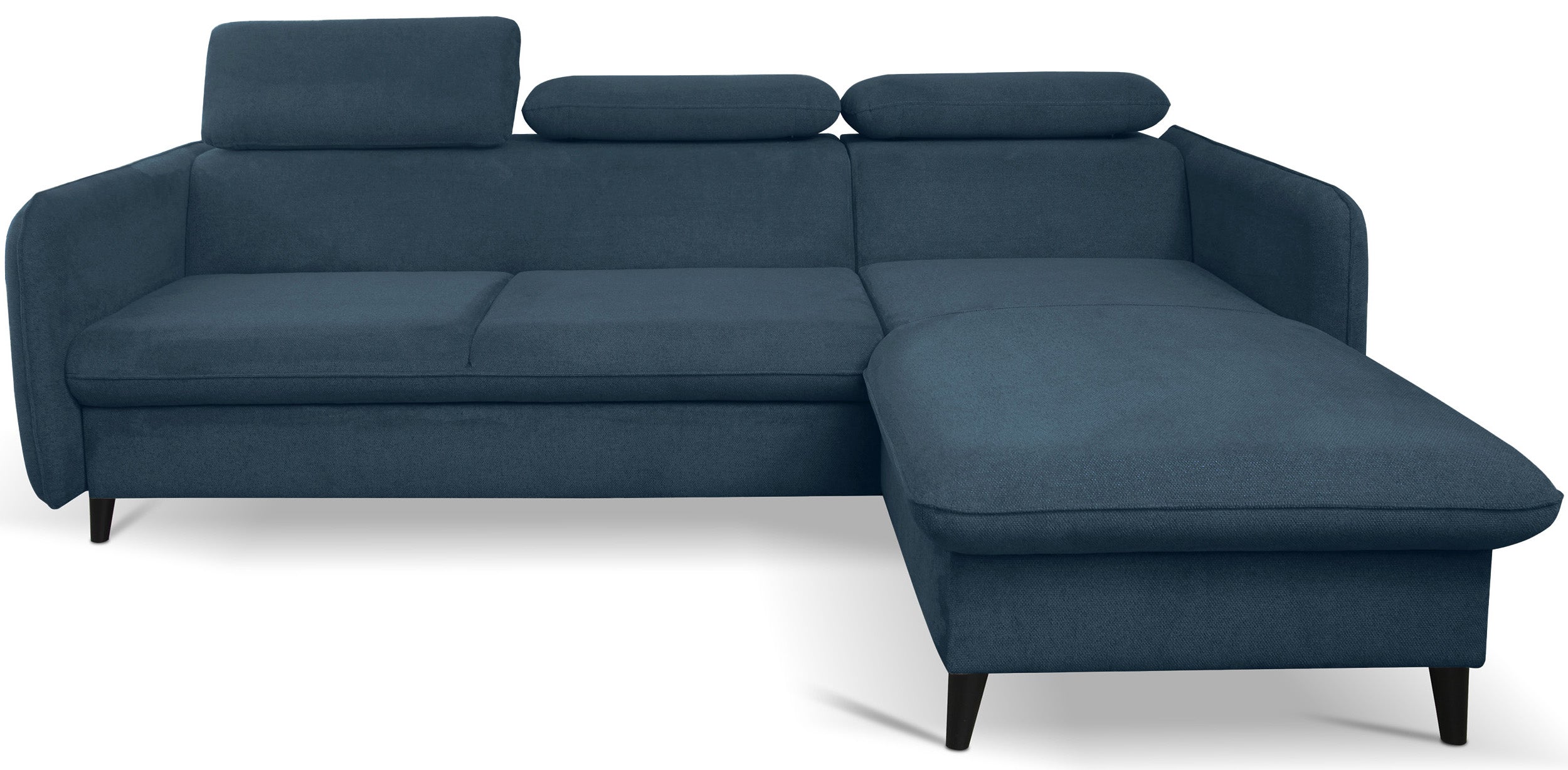 Narożnik z funkcją spania Drene L-kształtny prawostronny z regulowanymi zagłówkami i pojemnikiem granatowy szenil hydrofobowy