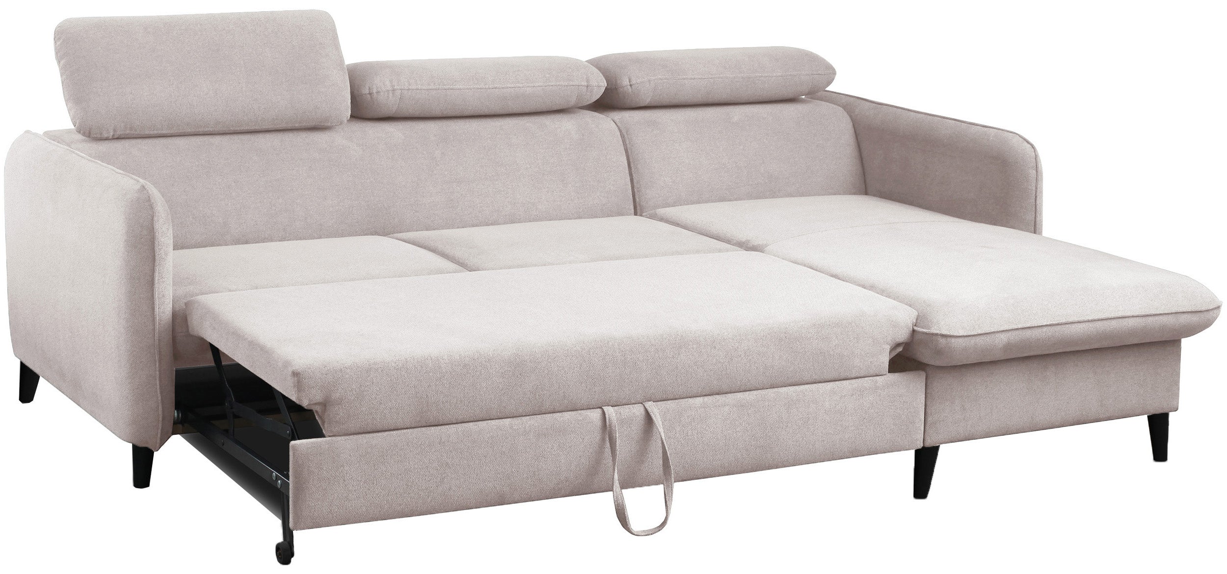 Narożnik z funkcją spania Drene L-kształtny prawostronny z regulowanymi zagłówkami i pojemnikiem beżowy szenil hydrofobowy