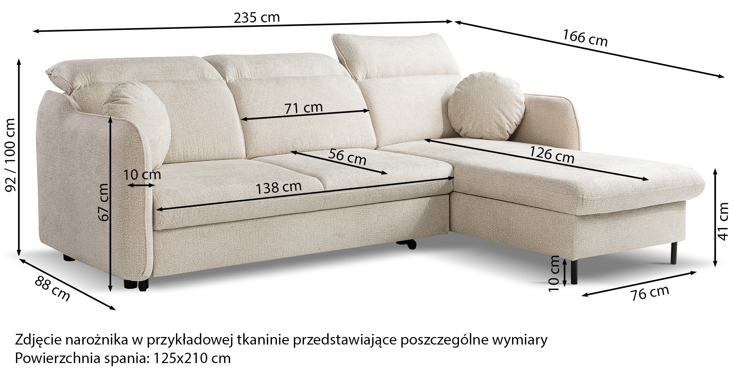 Narożnik z funkcją spania Belvo L-kształtny prawostronny z regulowanymi zagłówkami i pojemnikiem kremowy szenil hydrofobowy łatwoczyszczący