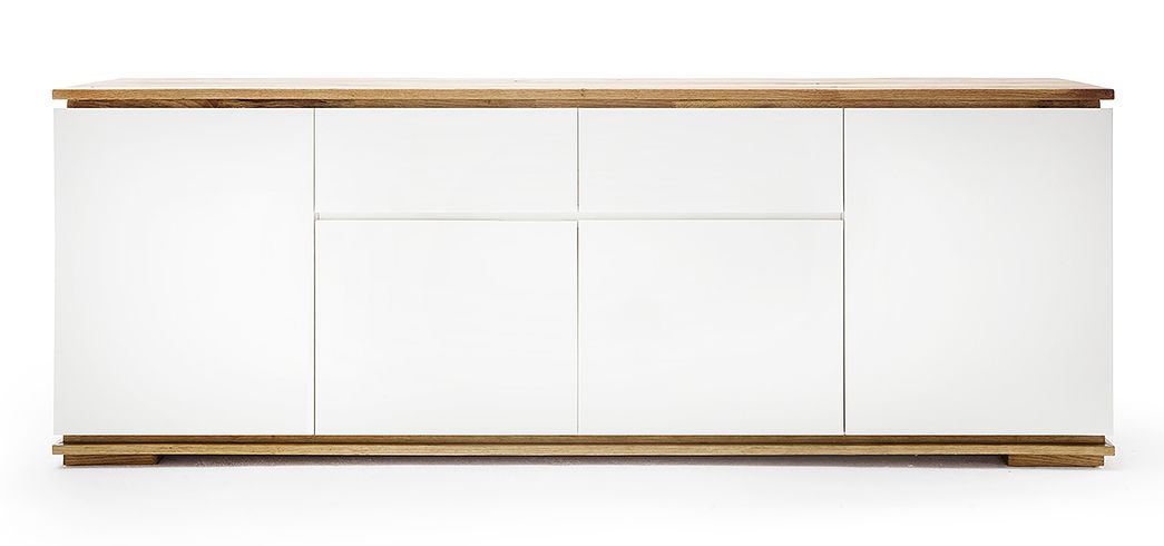 Komoda Bridder 182 cm biały mat/dąb lity z szafkami i dwiema szufladami