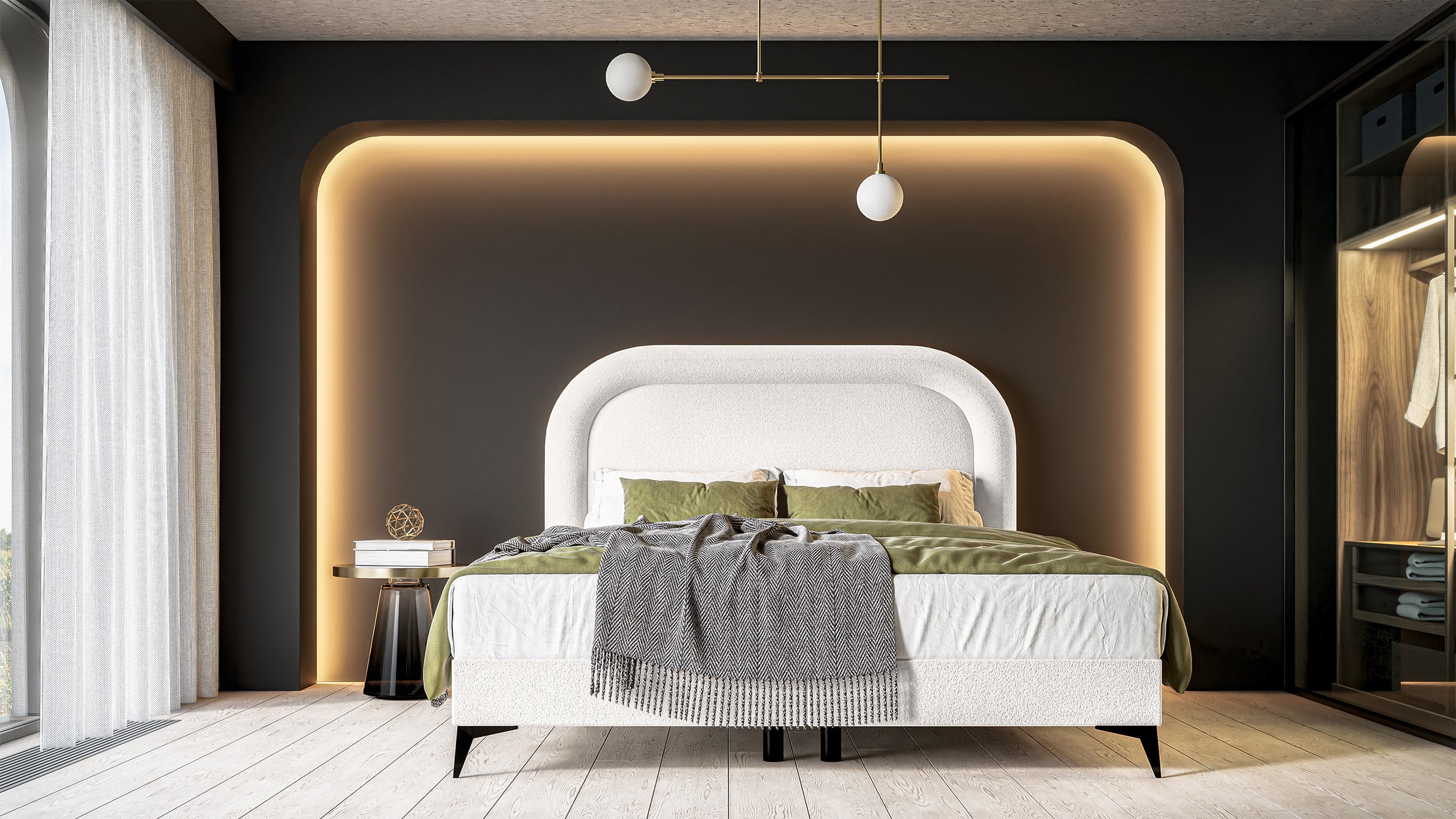 Łóżko kontynentalne 140x200 cm Loreo z Topperem i pojemnikami kremowe boucle