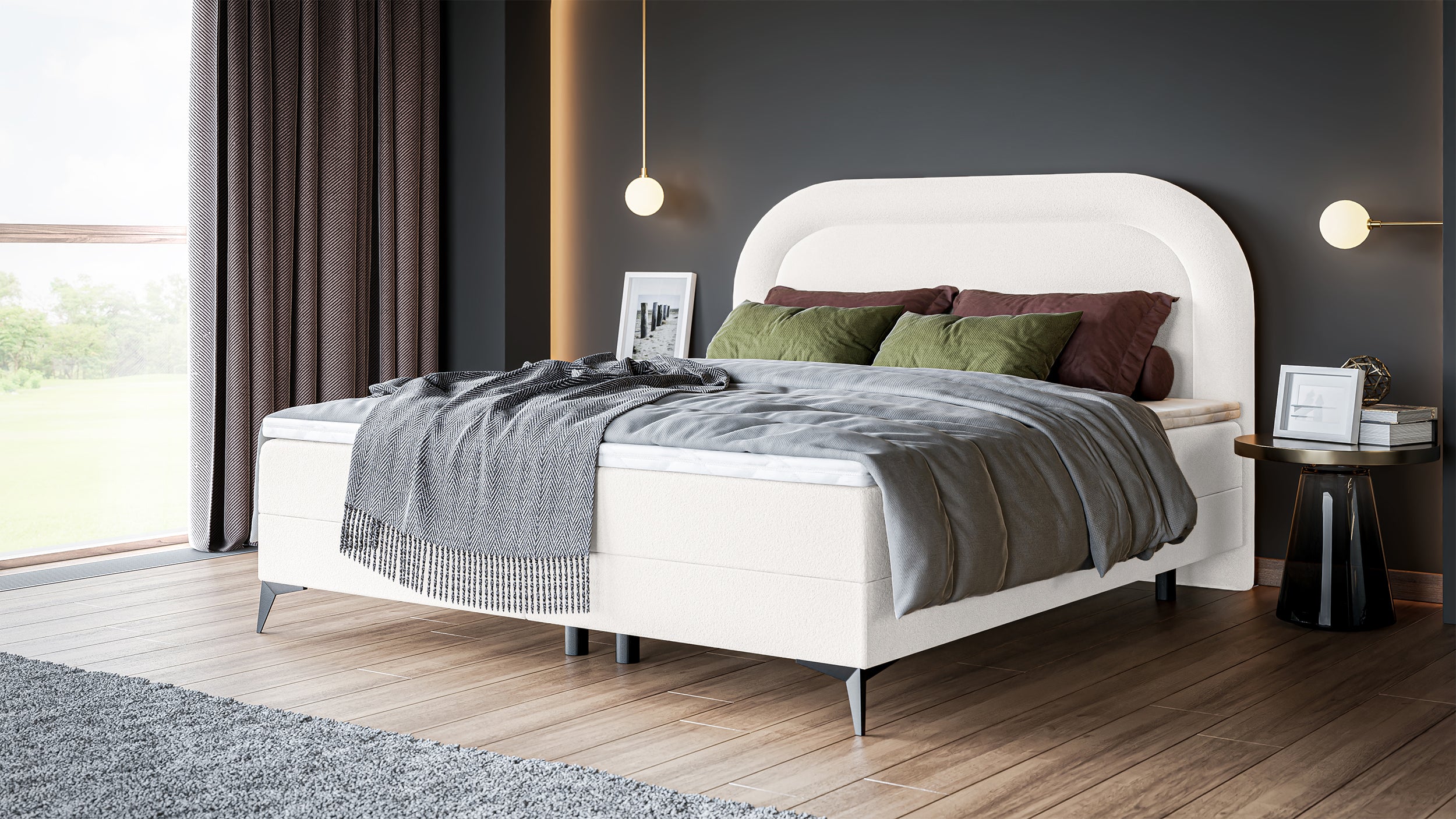 Łóżko kontynentalne 160x200 cm Loreo z Topperem i pojemnikami kremowe boucle