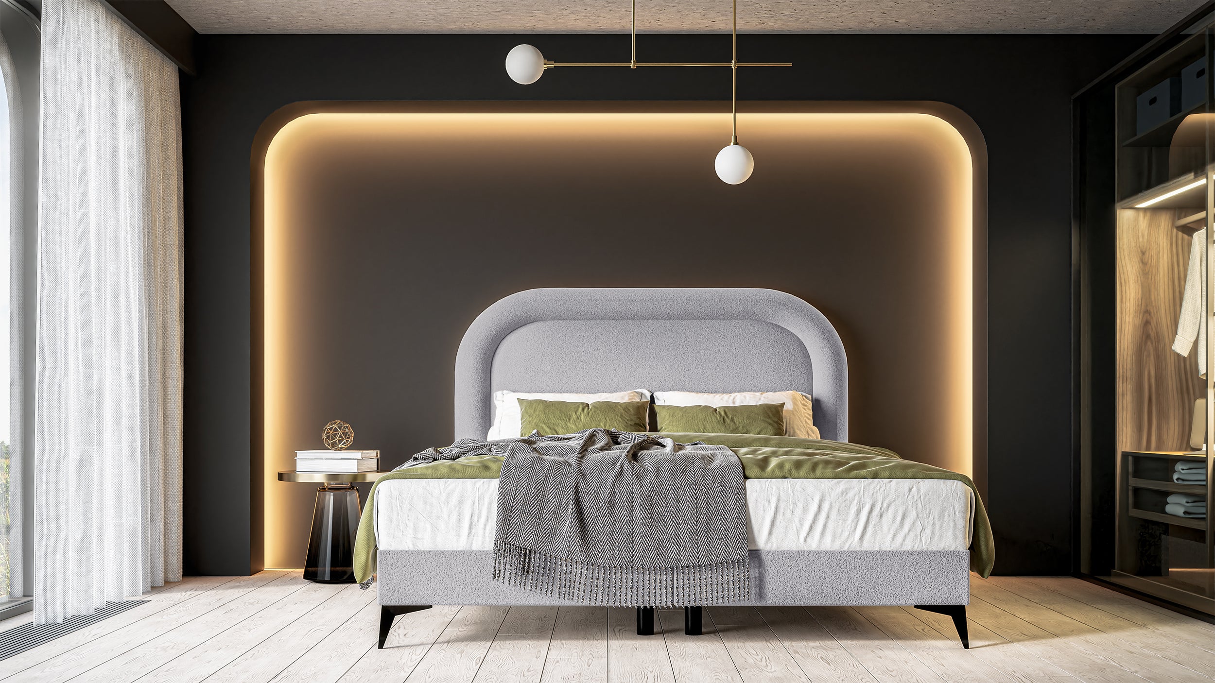 Łóżko kontynentalne 140x200 cm Loreo z Topperem i pojemnikami jasnoszare boucle
