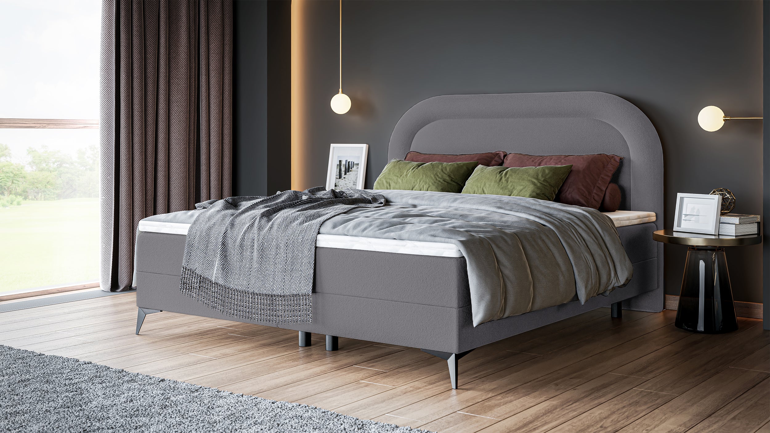 Łóżko kontynentalne 160x200 cm Loreo z Topperem i pojemnikami szare boucle