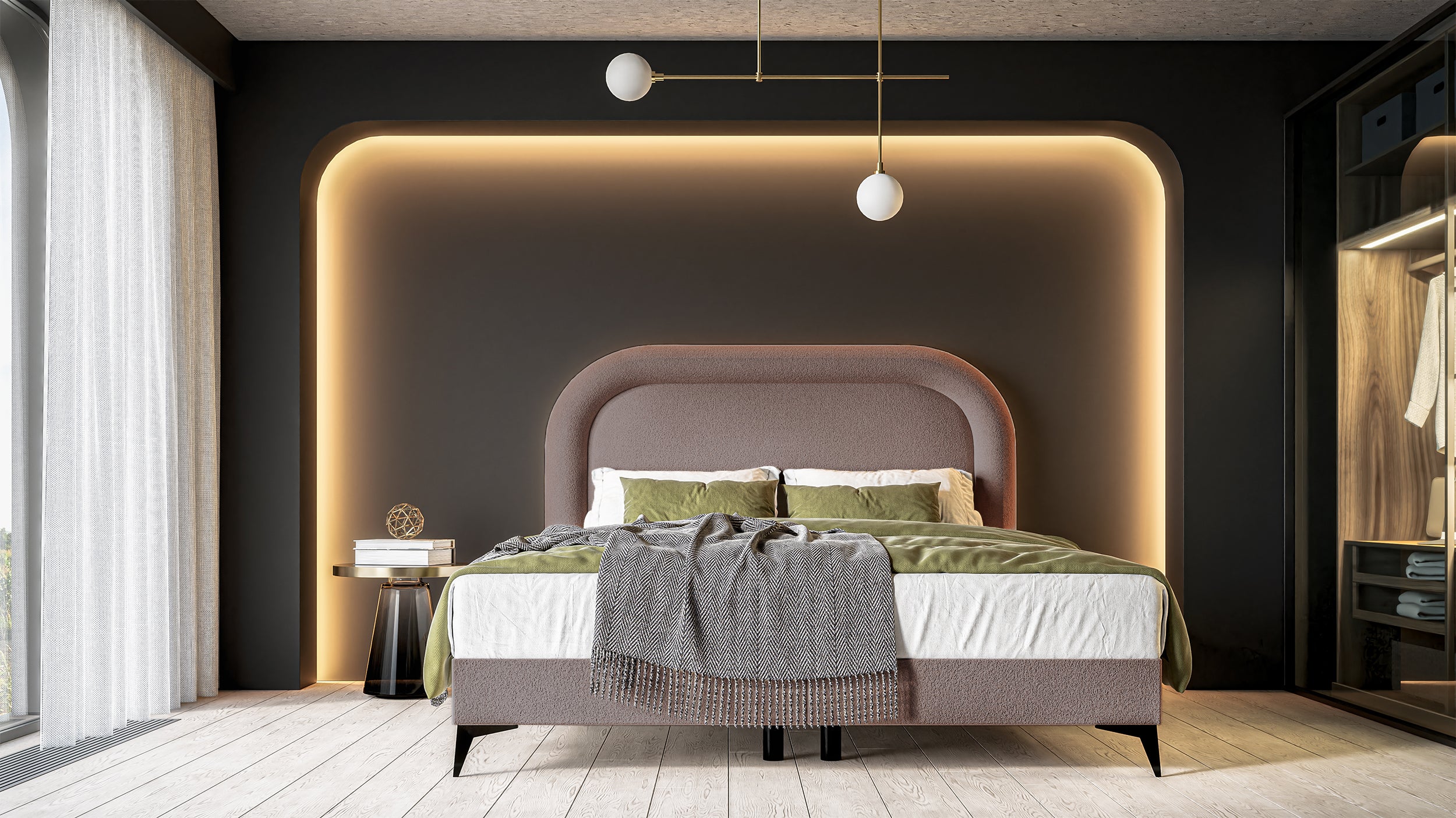 Łóżko kontynentalne 180x200 cm Loreo z Topperem i pojemnikami jasnobrązowe boucle
