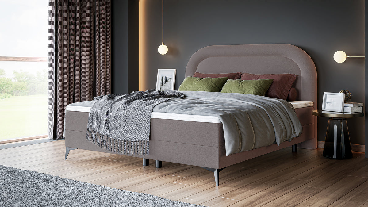 Łóżko kontynentalne 180x200 cm Loreo z Topperem i pojemnikami jasnobrązowe boucle