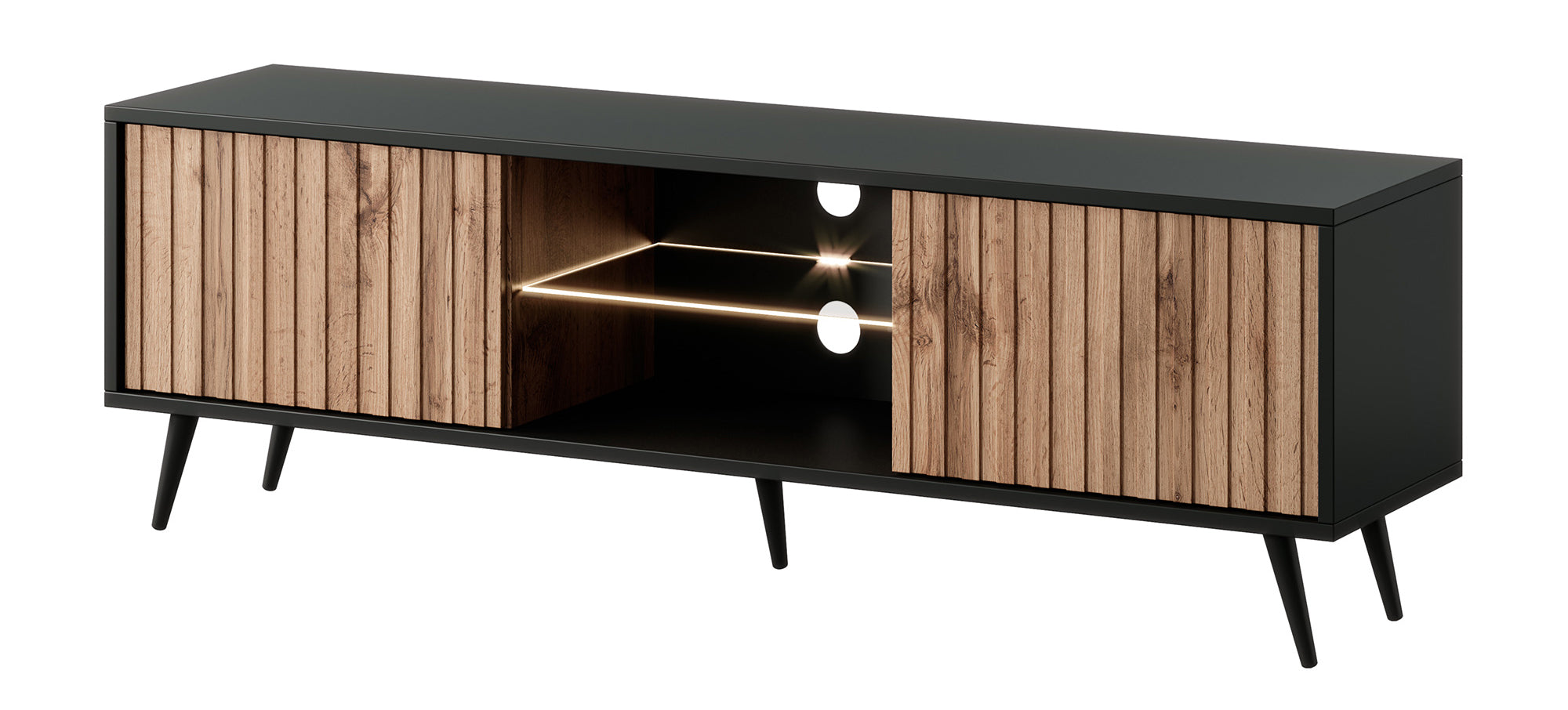 Szafka RTV Bello z lamelowymi frontami 135 cm czarna/dąb wotan z led