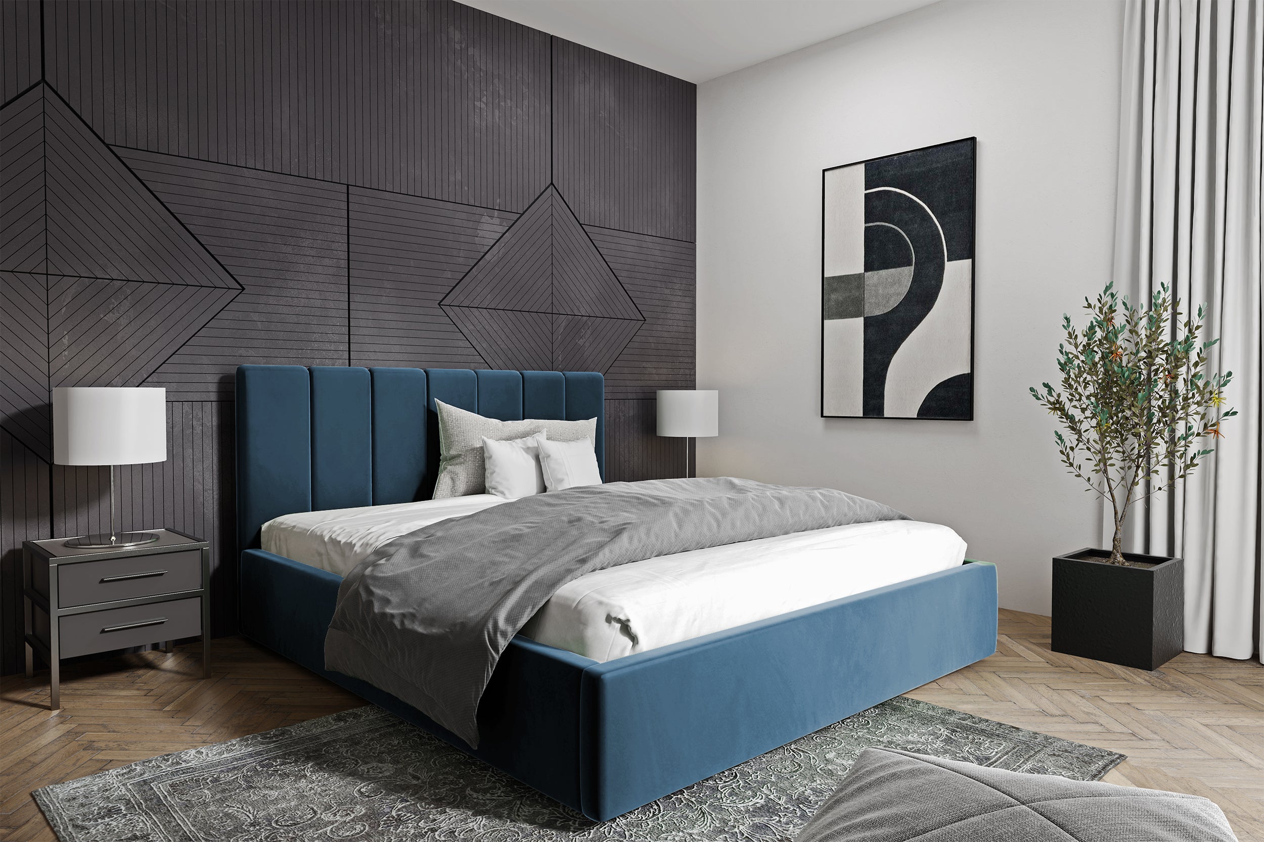 Łóżko tapicerowane Isara 160x200 cm z pojemnikiem niebieskie welur