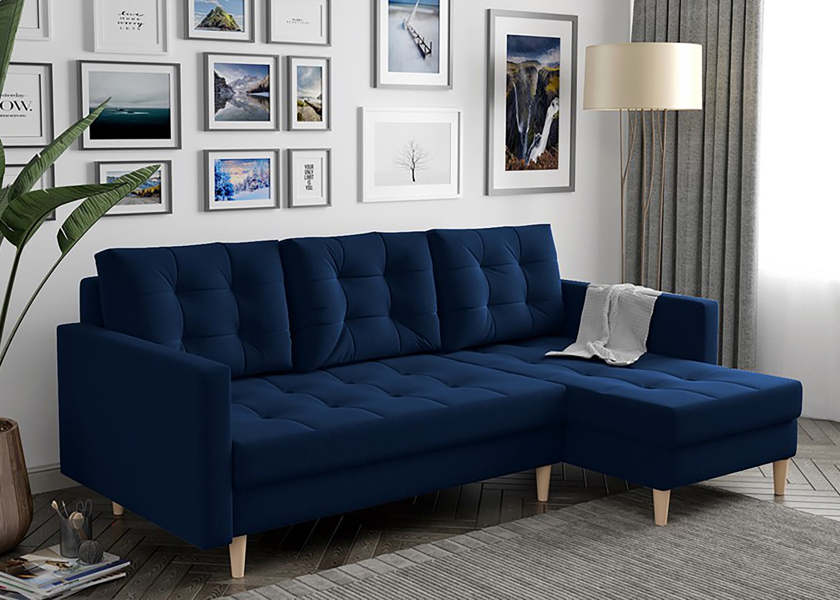 Narożnik z funkcją spania Plauton L-kształtny z pojemnikiem uniwersalny granatowy