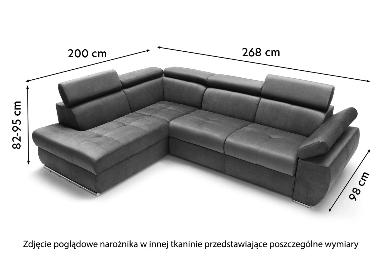 Narożnik z funkcją spania Ararip 268 cm L-kształtny z regulowanymi zagłówkami i pojemnikiem zielony welur hydrofobowy prawostronny
