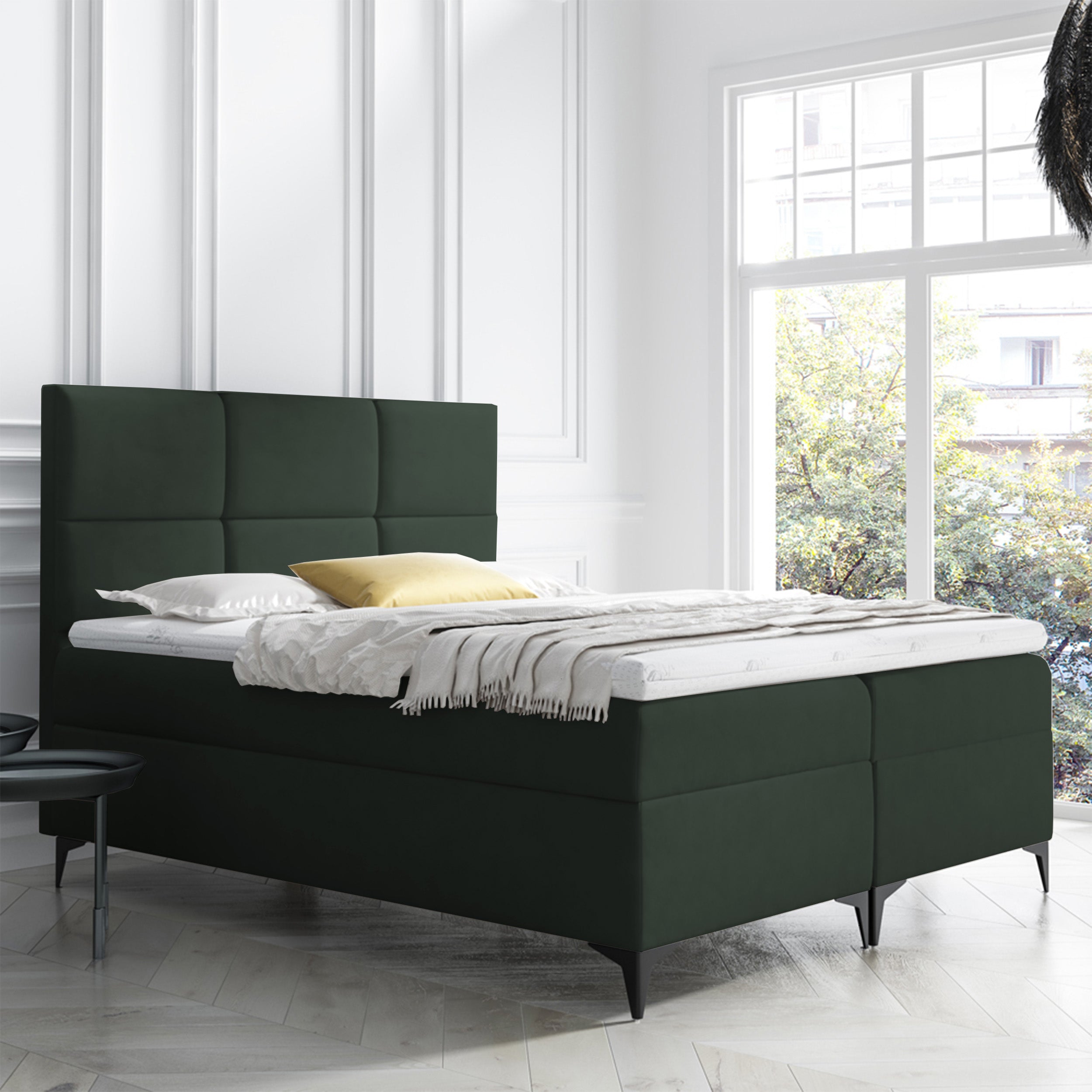 Łóżko kontynentalne Firome 120x200 z dwoma pojemnikami, materacem i topperem ciemnozielone hydrofobowe