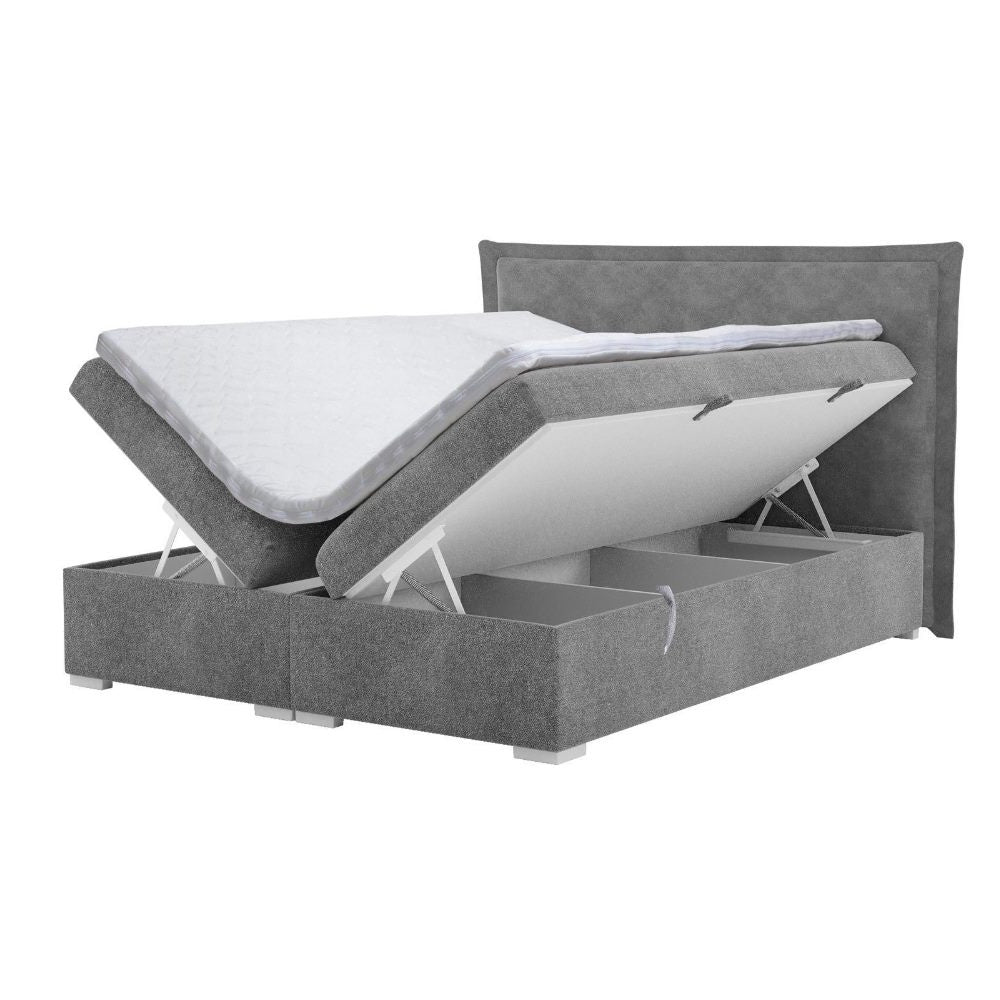 Łóżko kontynentalne 160x200 cm Nurdicer z pojemnikami i topperem szare welur hydrofobowy
