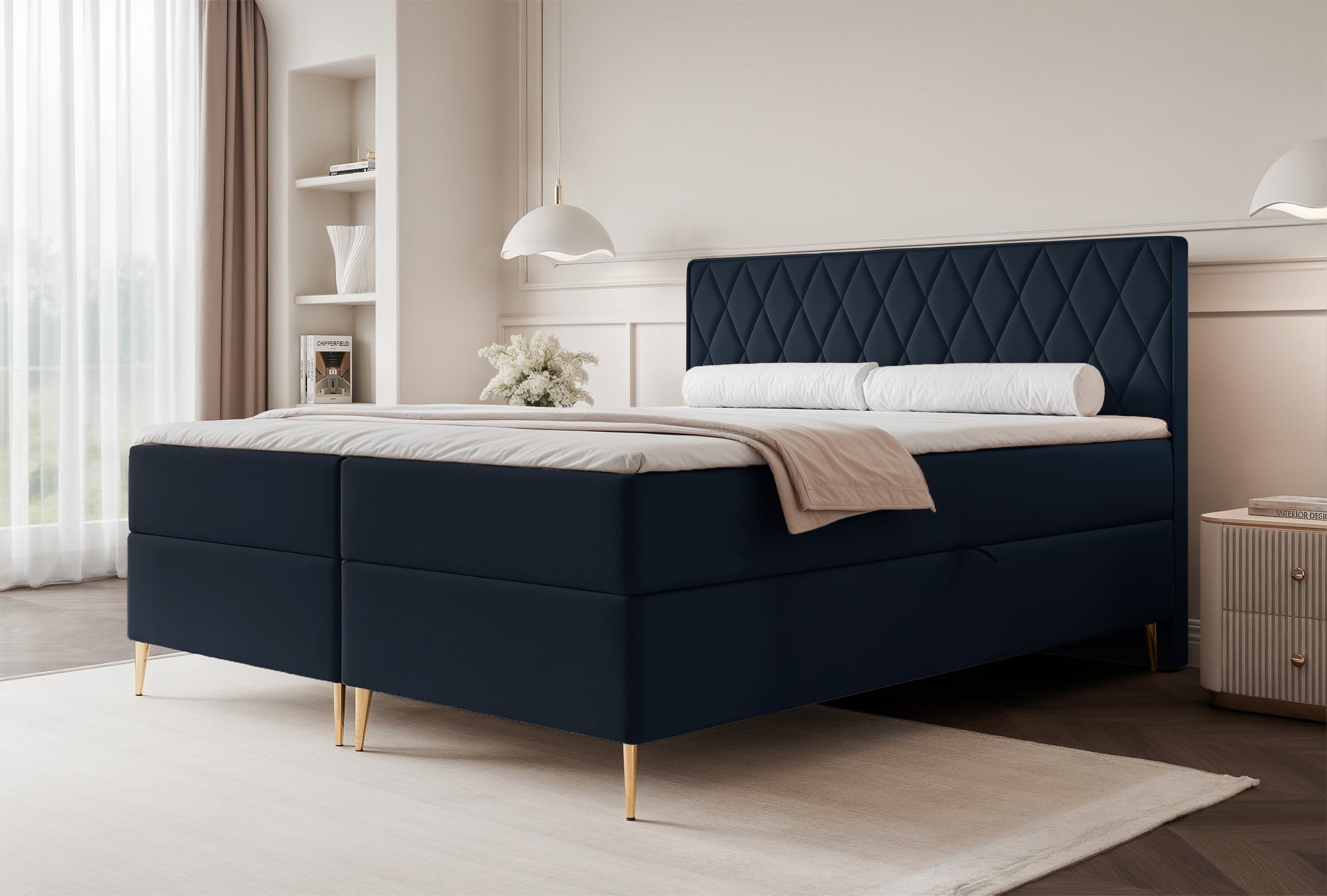 Łóżko kontynentalne 180x200 cm Caresso z materacem bonellowym i topperem granatowe welur hydrofobowy