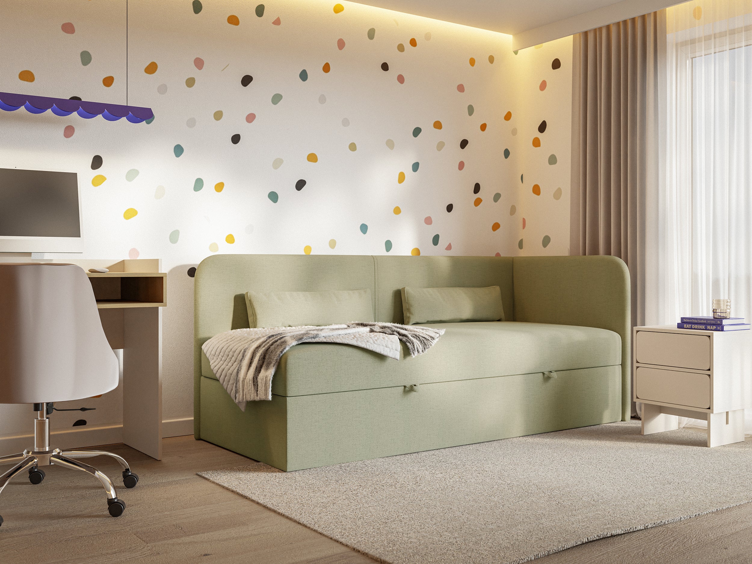 Łóżko młodzieżowe 90x200 cm Calmmo prawostronne z pojemnikiem oliwkowe szenil hydrofobowy