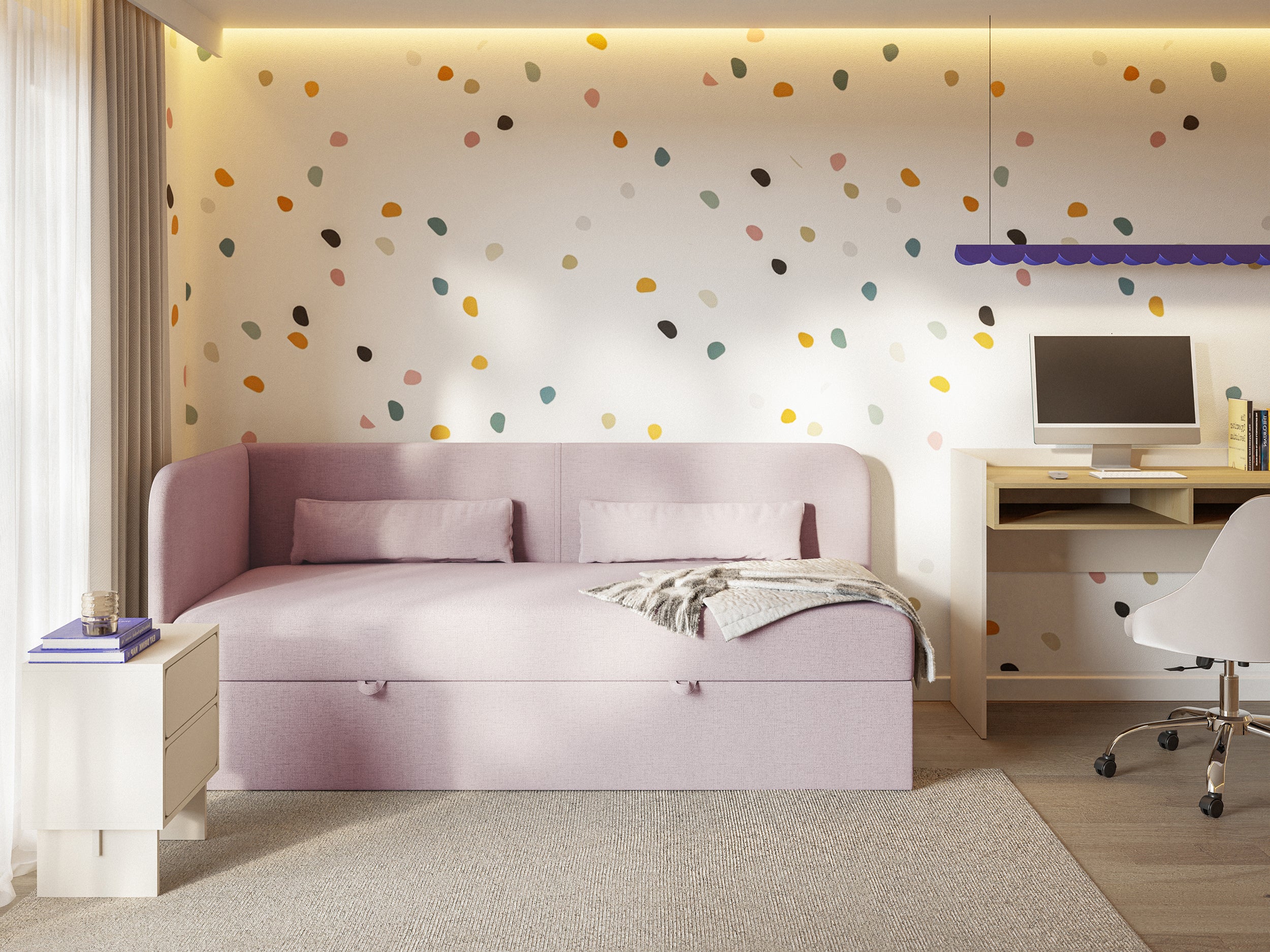 Łóżko młodzieżowe 90x200 cm Calmmo lewostronne z pojemnikiem różowe szenil hydrofobowy