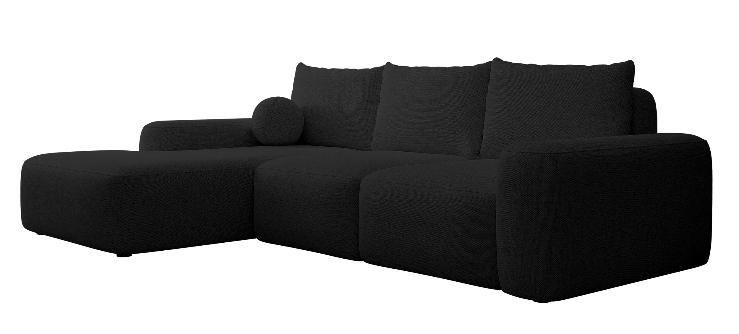 Narożnik z funkcją spania Carnos L-kształtny z piłką, pojedyncze poduszki czarny szenil hydrofobowy lewostronny