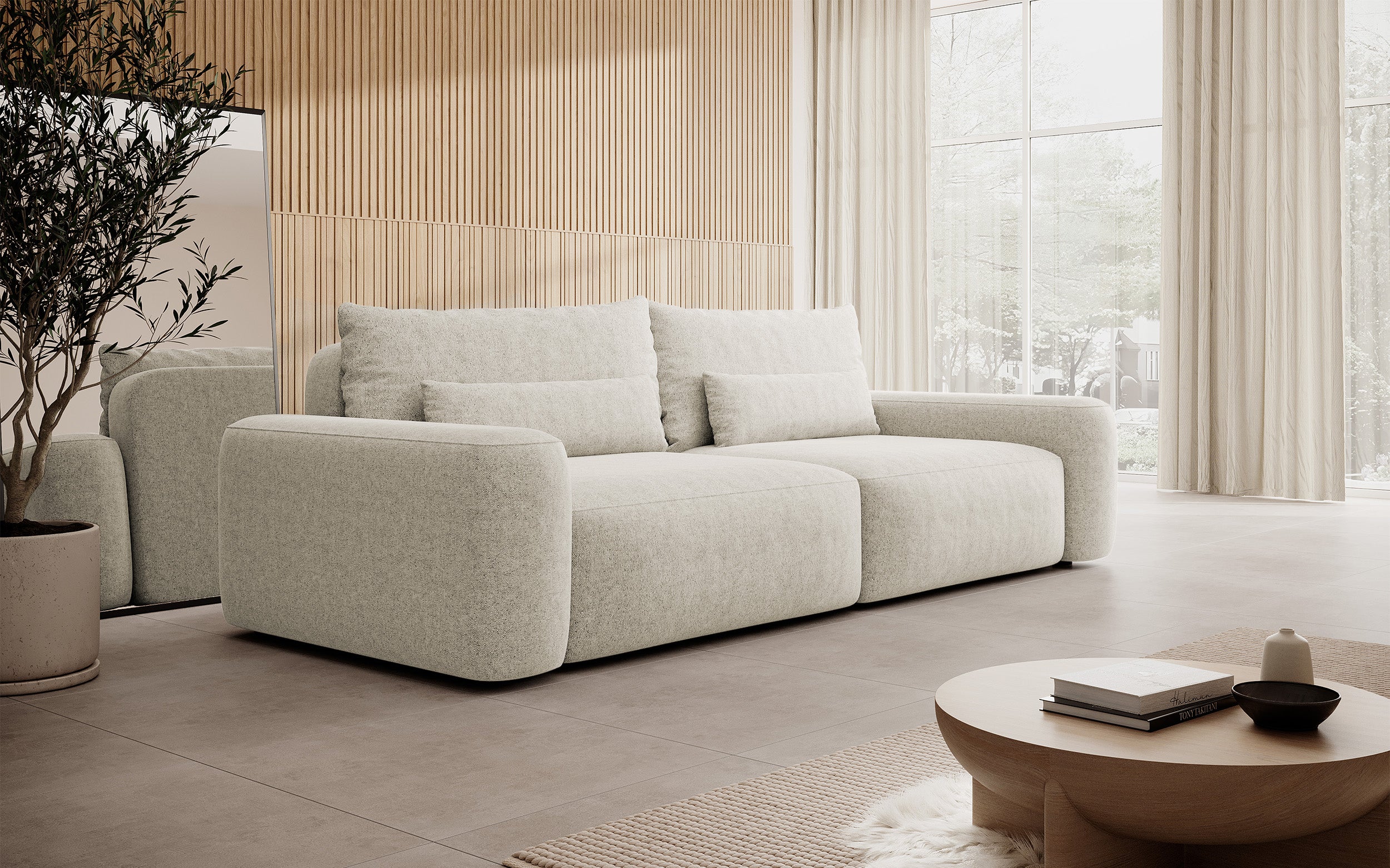 Kanapa rozkładana trzyosobowa Carnos kremowa szenil hydrofobowy nogi czarne