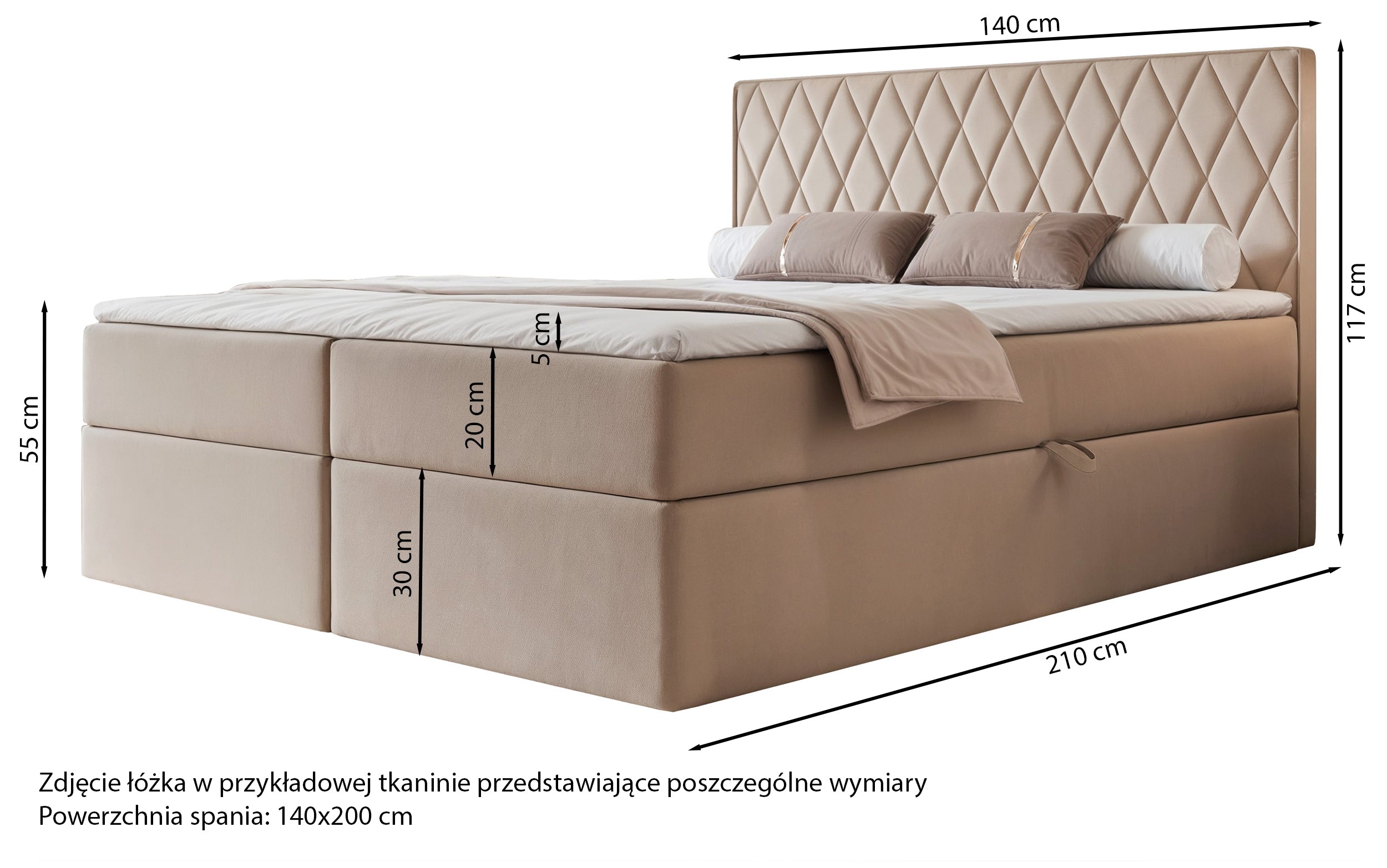 Łóżko kontynentalne 140x200 cm Carenzo z materacem bonellowym i topperem beżowe welur hydrofobowy
