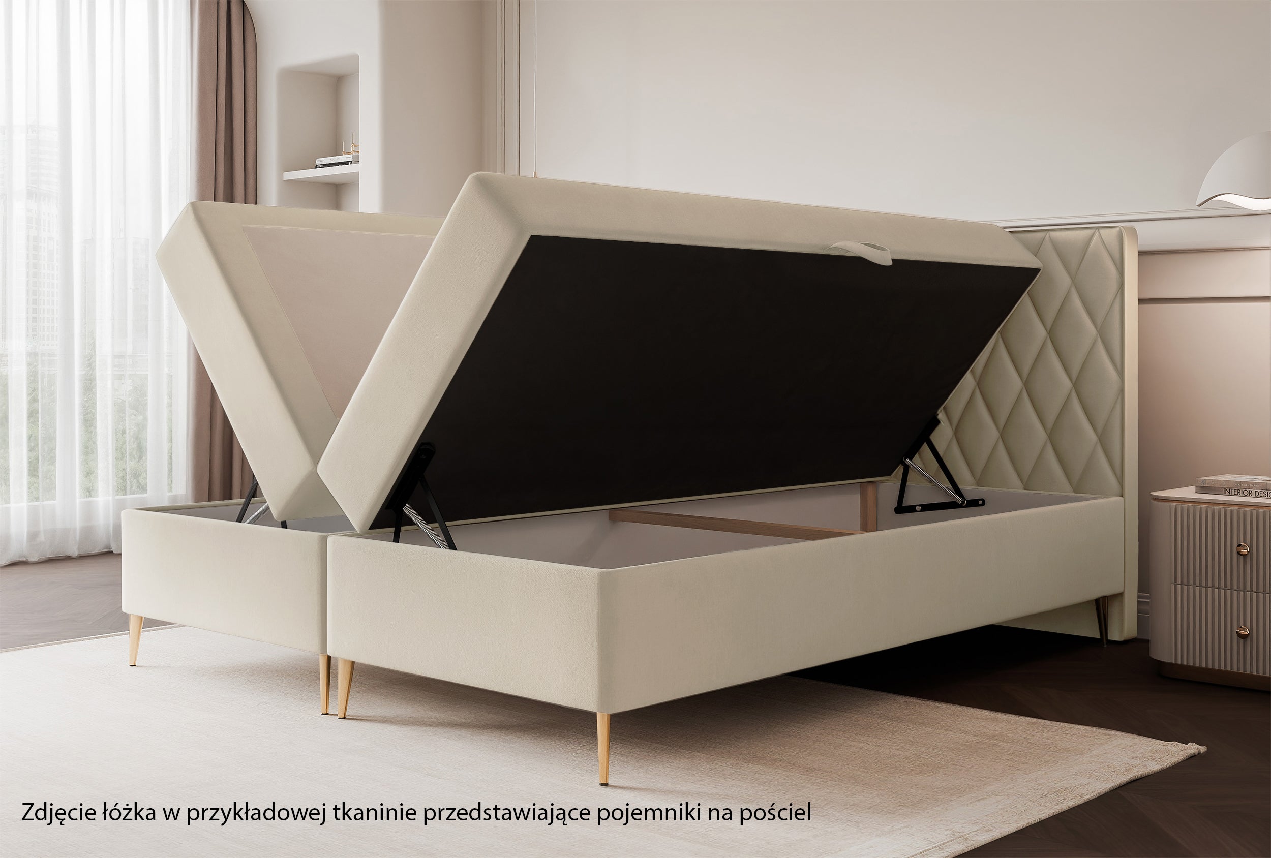 Łóżko kontynentalne 160x200 cm Caresso z materacem bonellowym i topperem kremowe szenil hydrofobowy