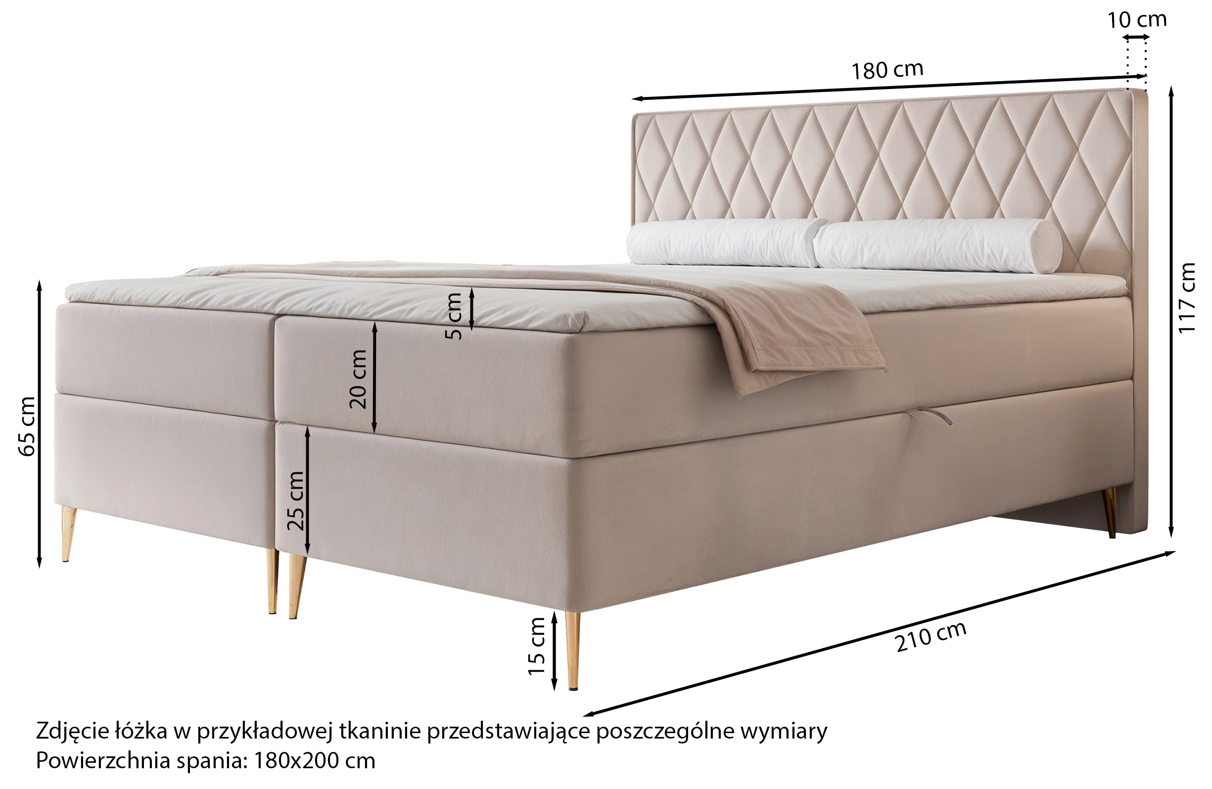 Łóżko kontynentalne 180x200 cm Caresso z materacem bonellowym i topperem beżowe welur hydrofobowy