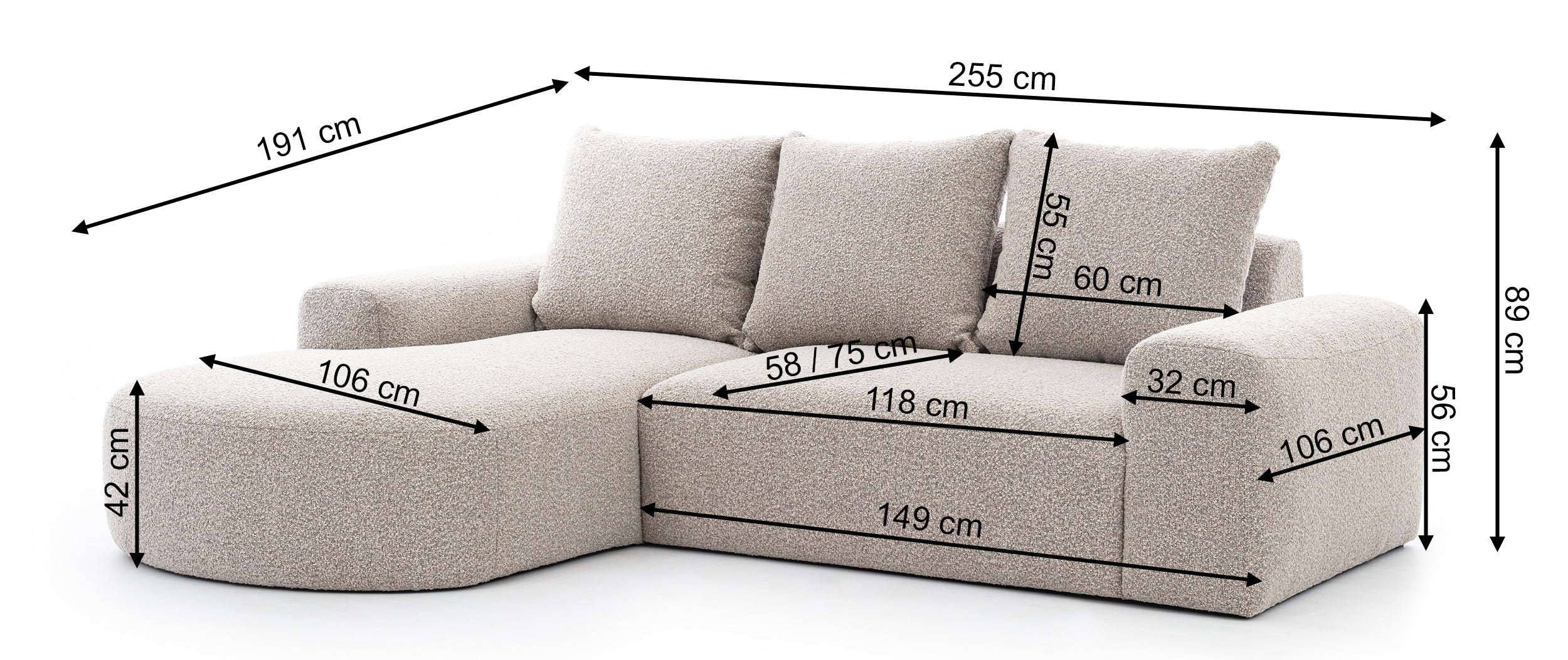 Narożnik modułowy Castellina L-kształtny 255 cm mniejszy ciemnobeżowy w tkaninie boucle lewostronny