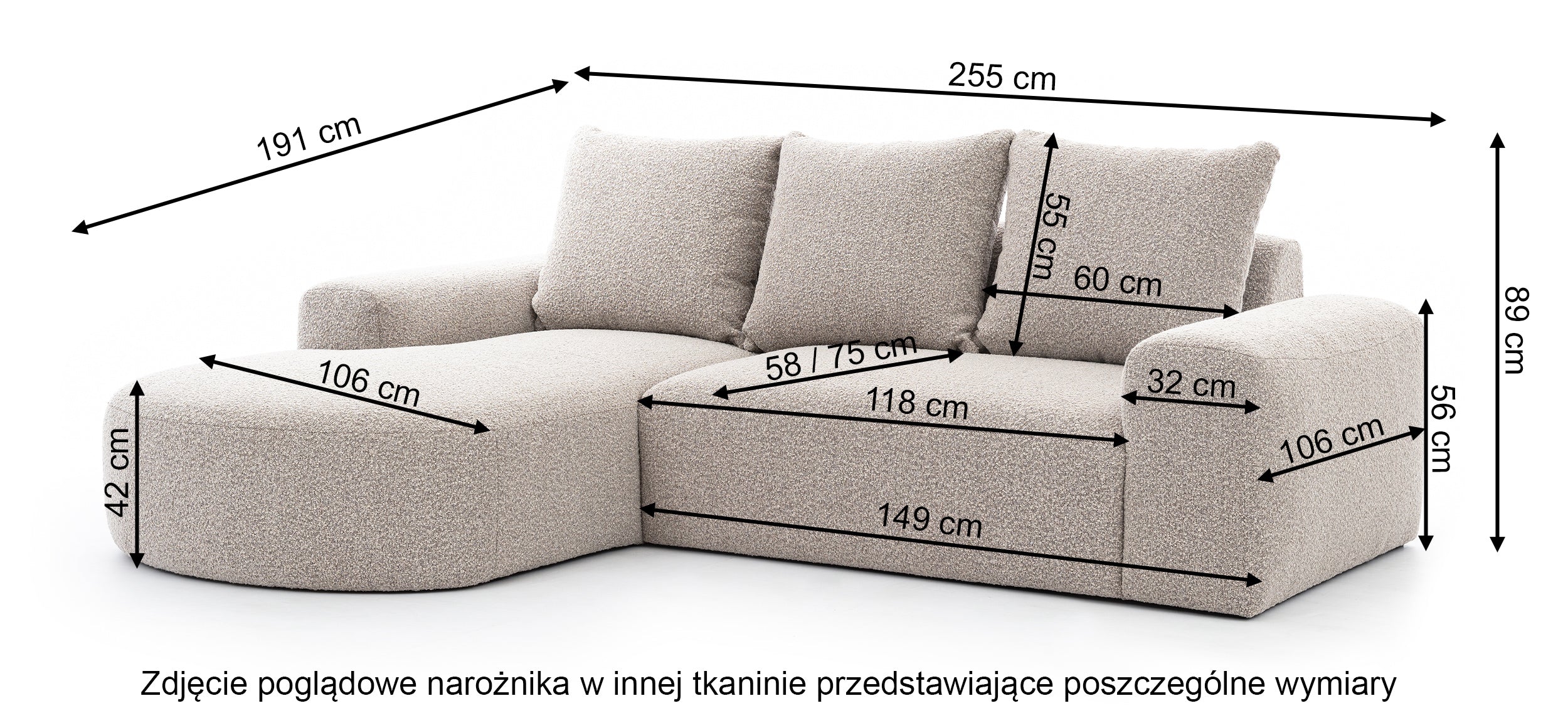 Narożnik modułowy Castellina L-kształtny 255 cm mniejszy beżowy w tkaninie boucle lewostronny