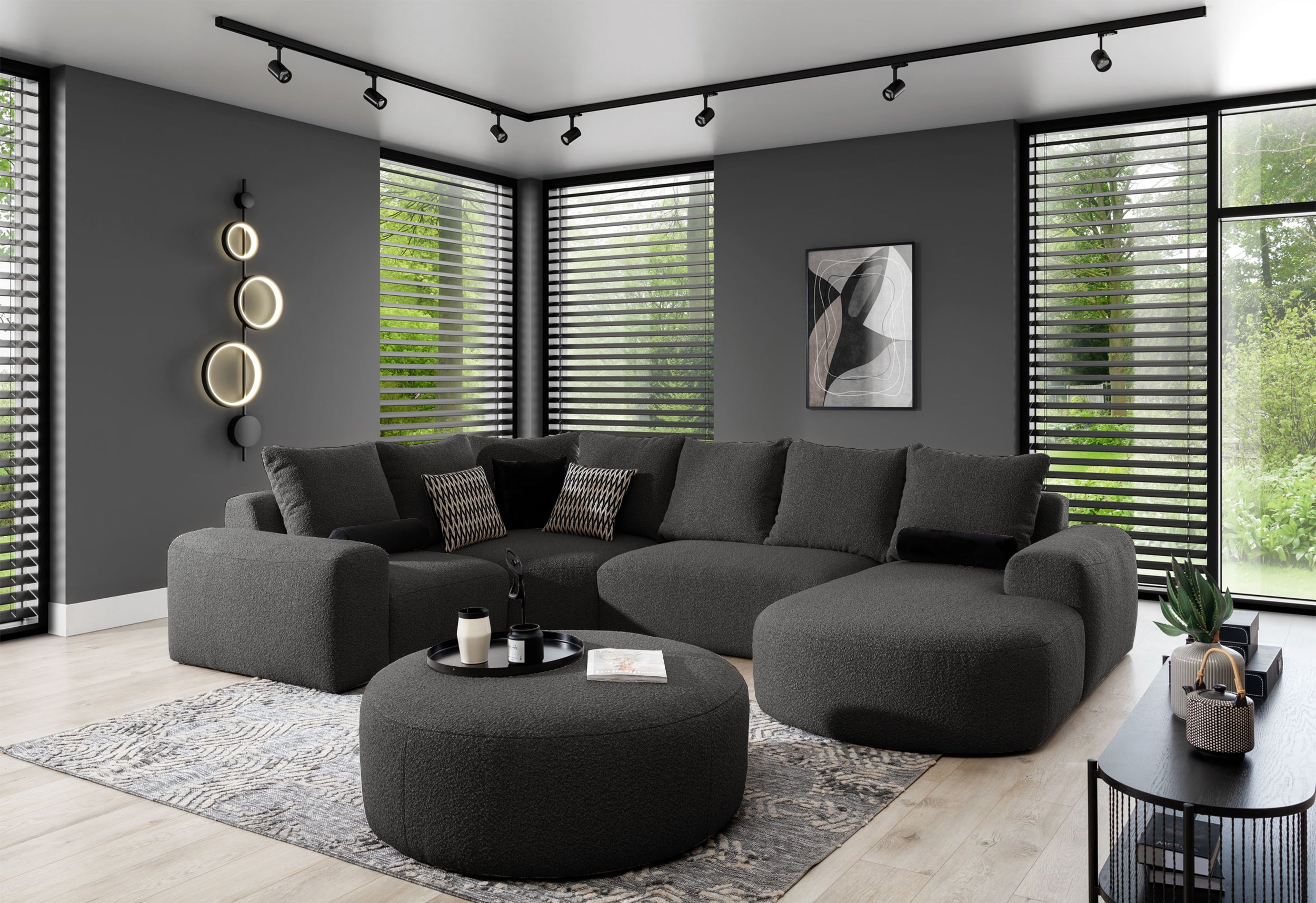 Pufa Castellina okrągła 108 cm grafitowa w tkaninie boucle