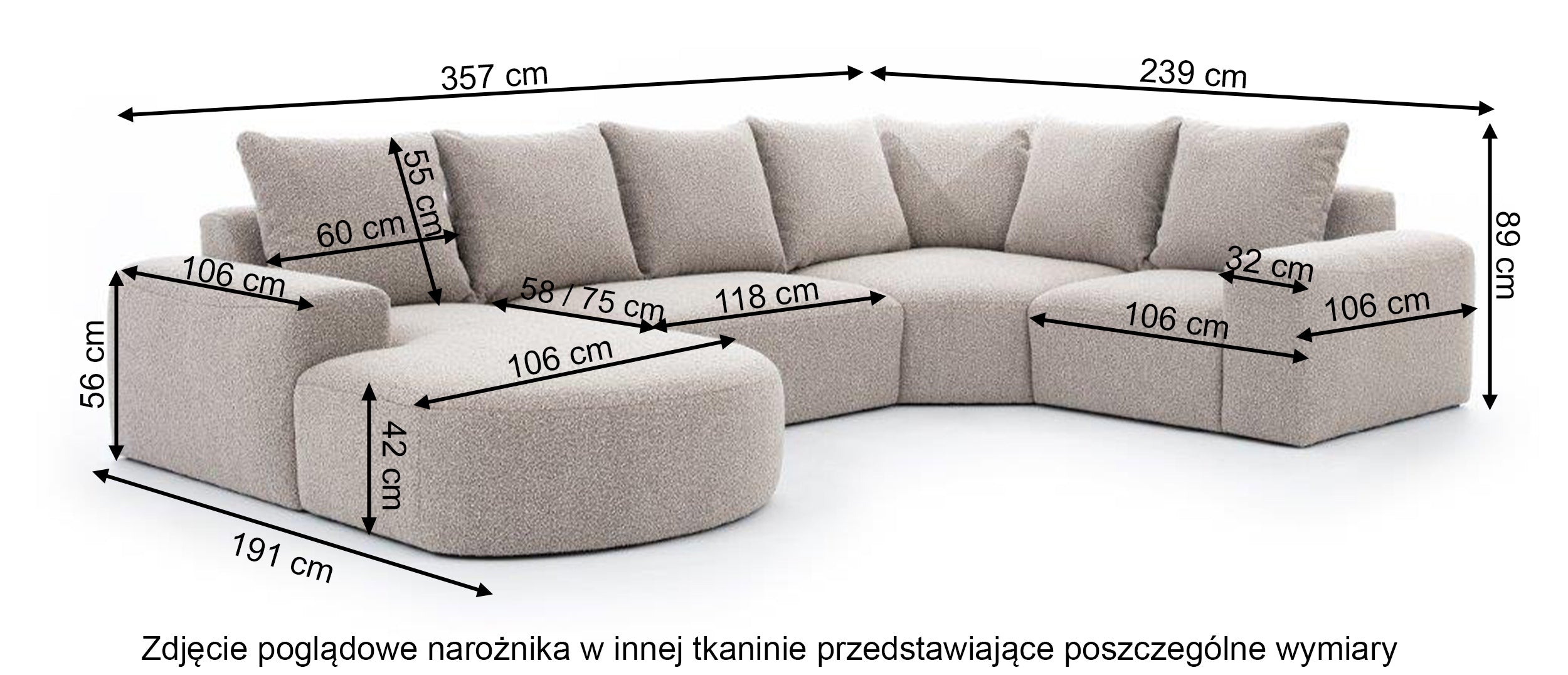 Narożnik modułowy Castellina U-kształtny z oparciem po prawej stronie szary w tkaninie boucle