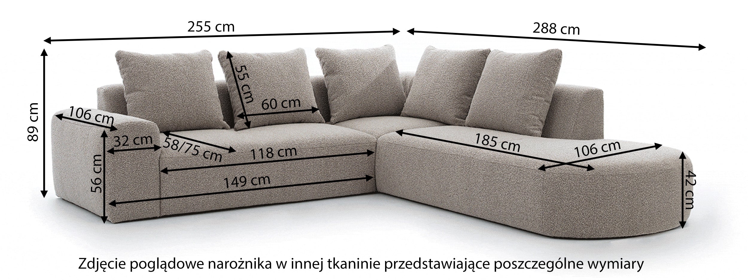 Narożnik modułowy Castellina L-kształtny 255 cm większy szary w tkaninie boucle lewostronny