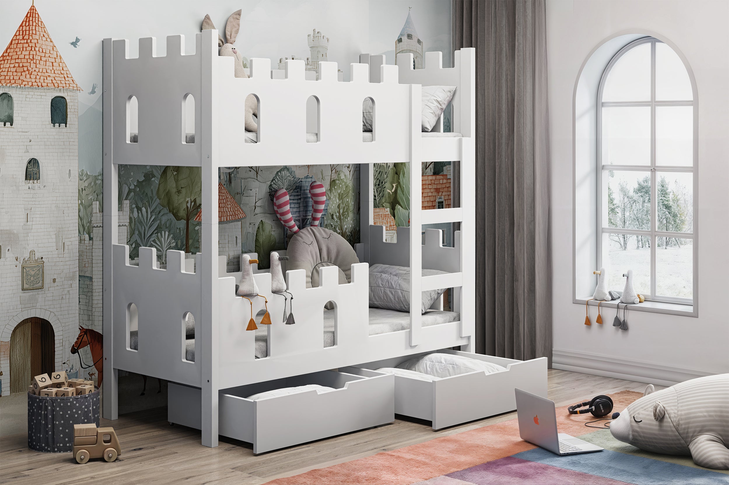 Łóżko piętrowe 75x180 cm Castelo z materacami i szufladami biały
