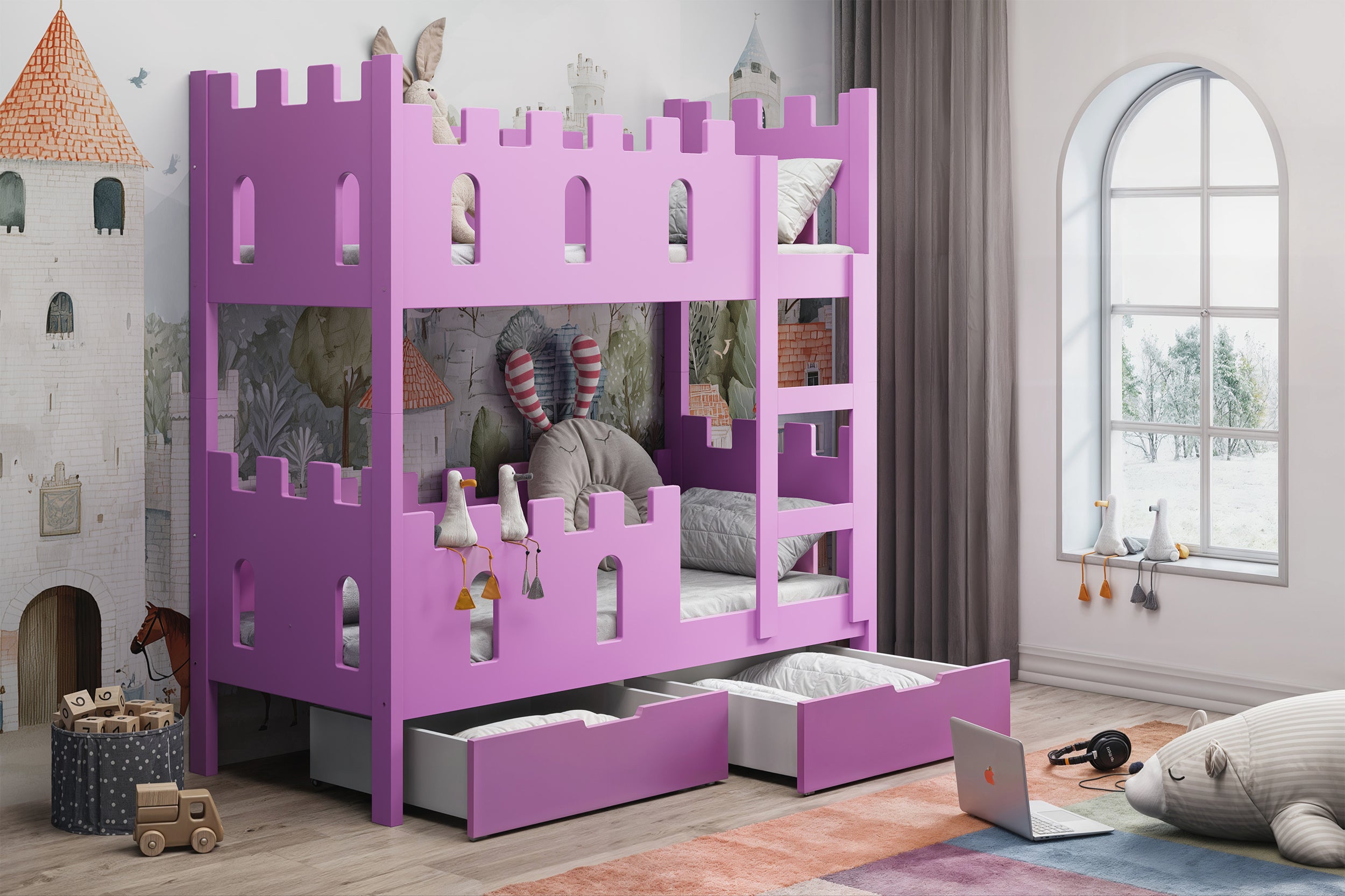 Łóżko piętrowe 75x180 cm Castelo z materacami i szufladami różowy