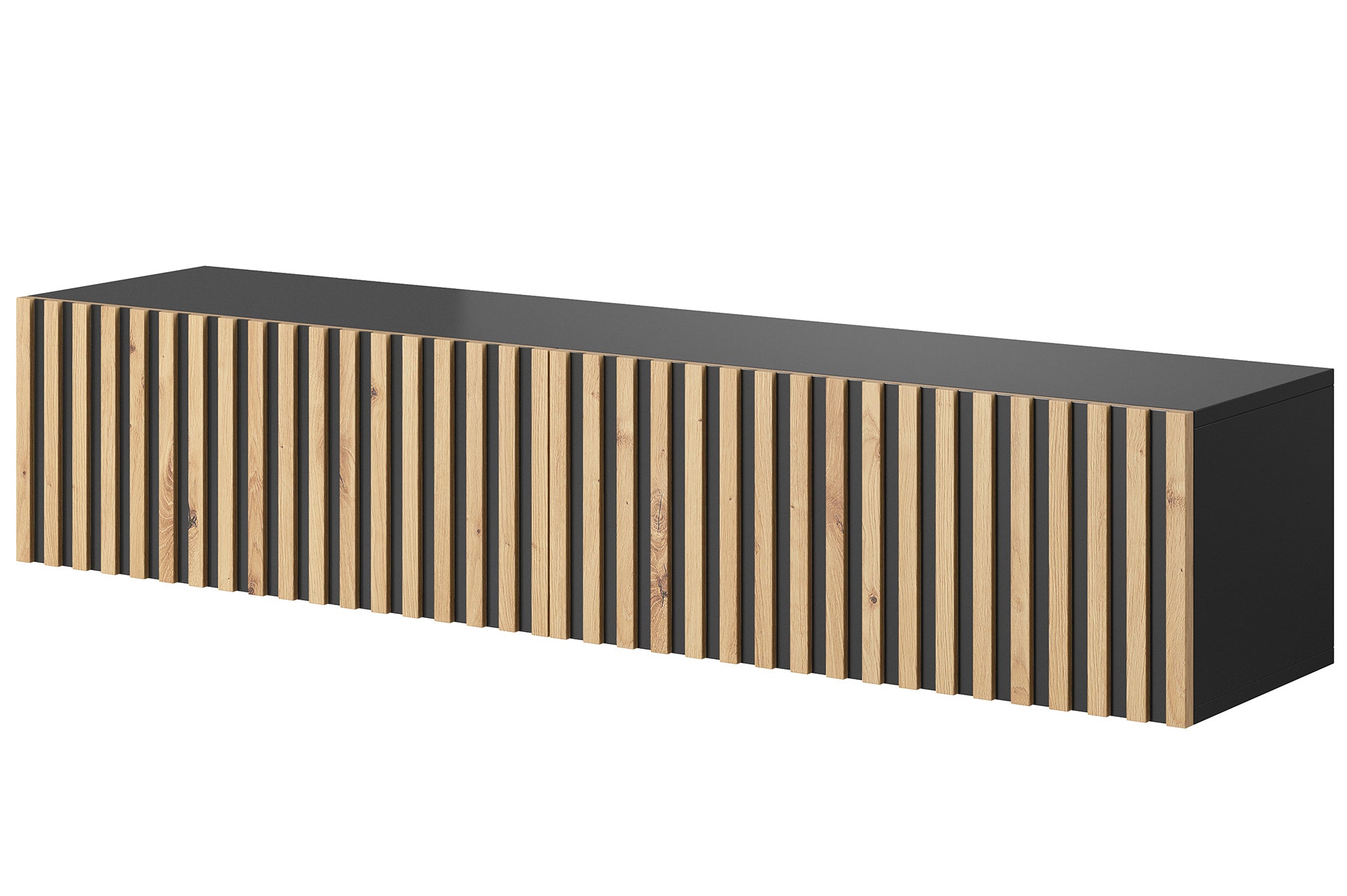 Szafka RTV Telire 138,6 cm czarna z lamelowym frontem dąb artisan