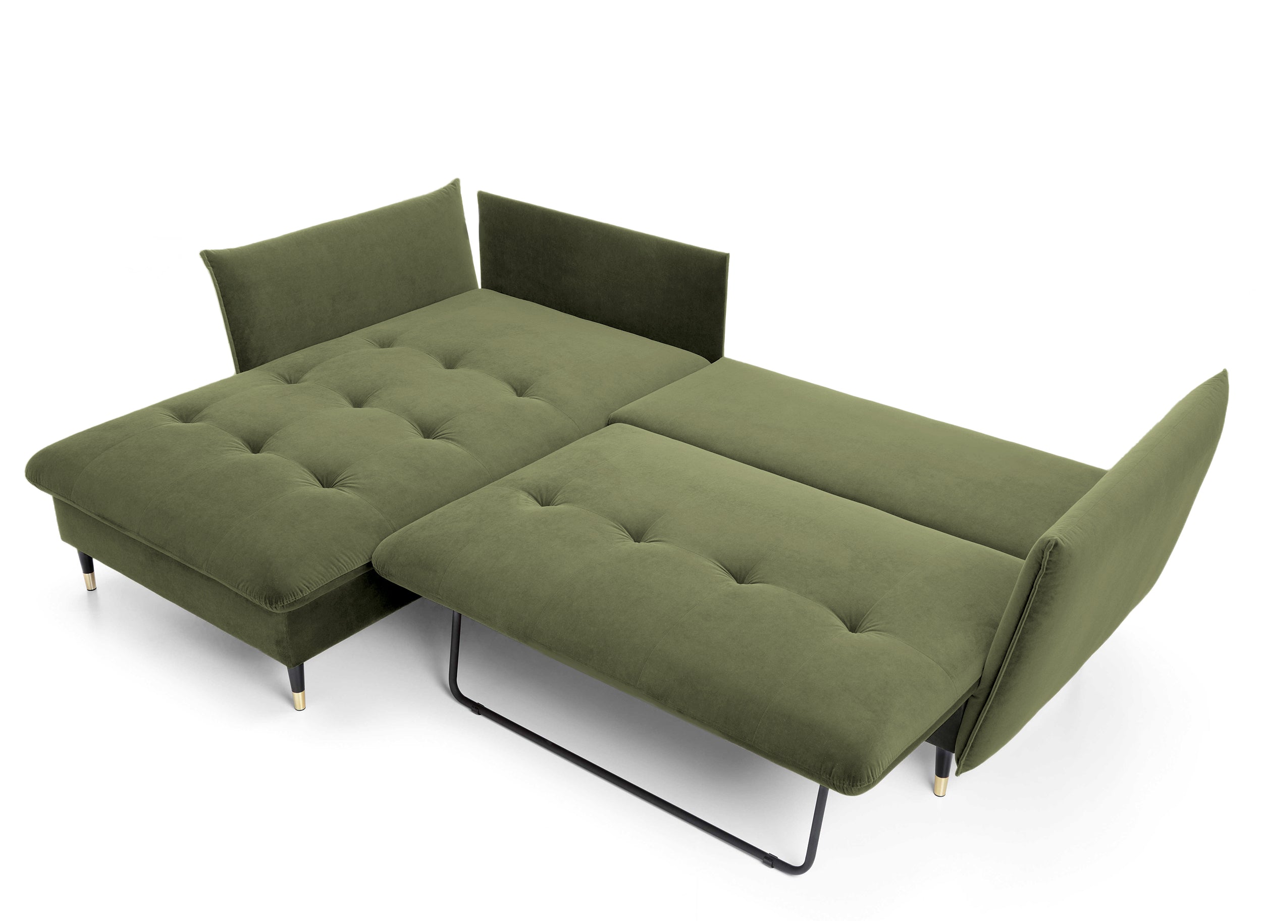 Narożnik z funkcją spania Balze L-kształtny z pojemnikiem oliwkowy velvet hydrofobowy lewostronny