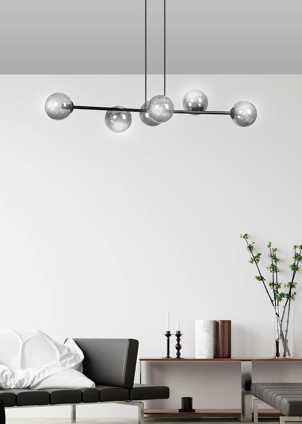 Lampa wisząca Sulmona czarna z grafitowymi kloszami x6