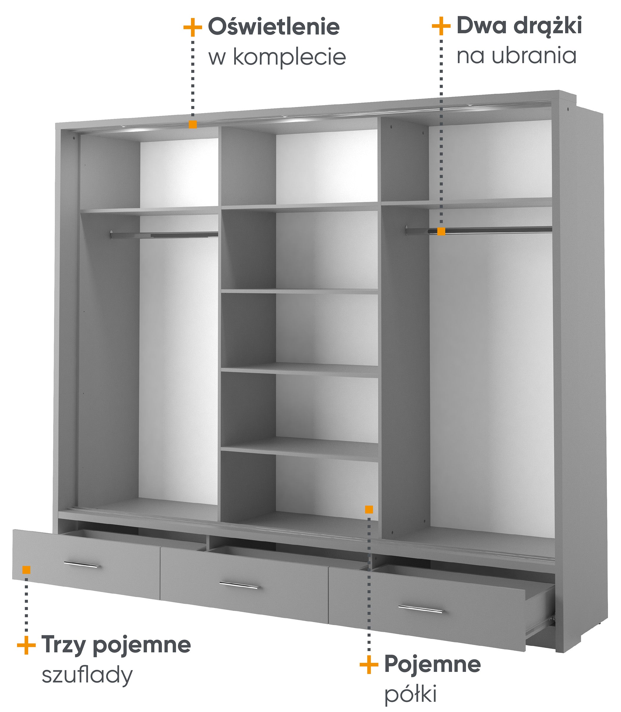 Szafa Arti trzydrzwiowa z lustrem i oświetleniem 250 cm szary