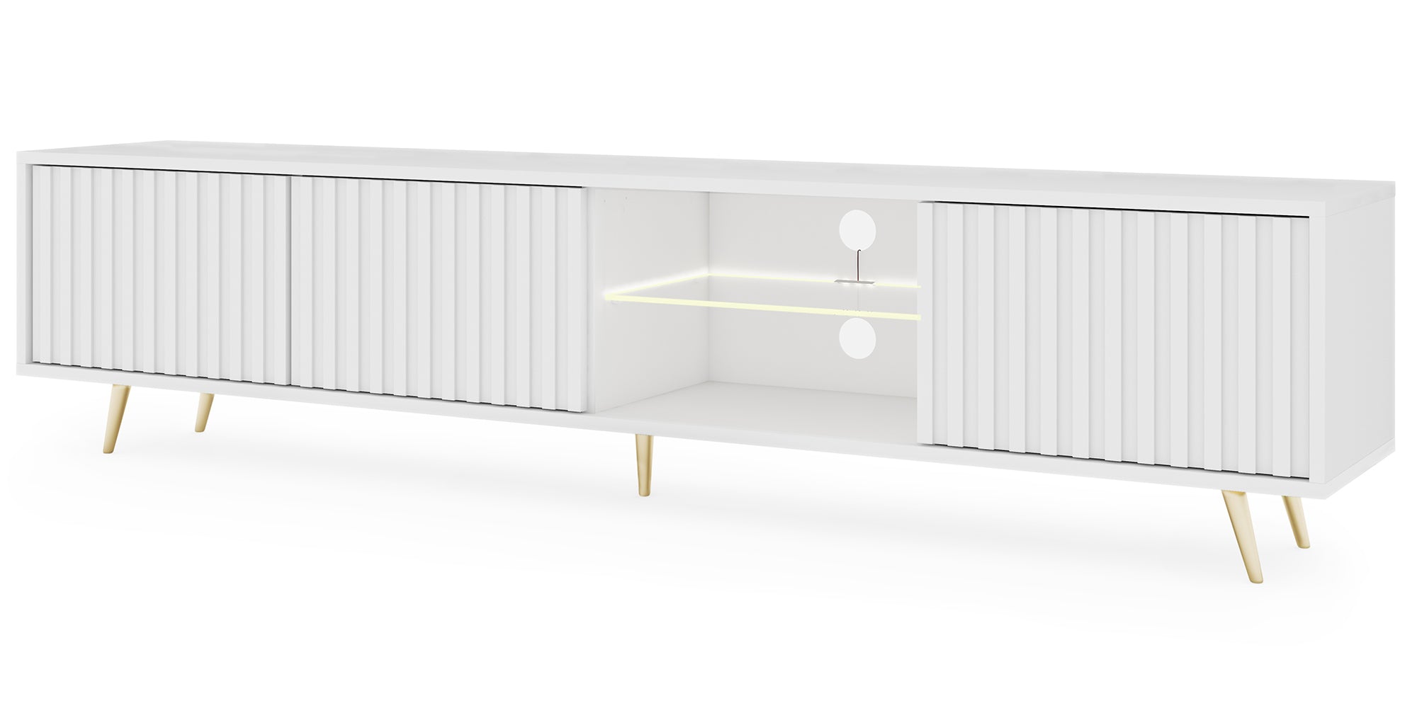 Szafka RTV Bello z lamelowymi frontami 175 cm biała z led ze złotymi nogami