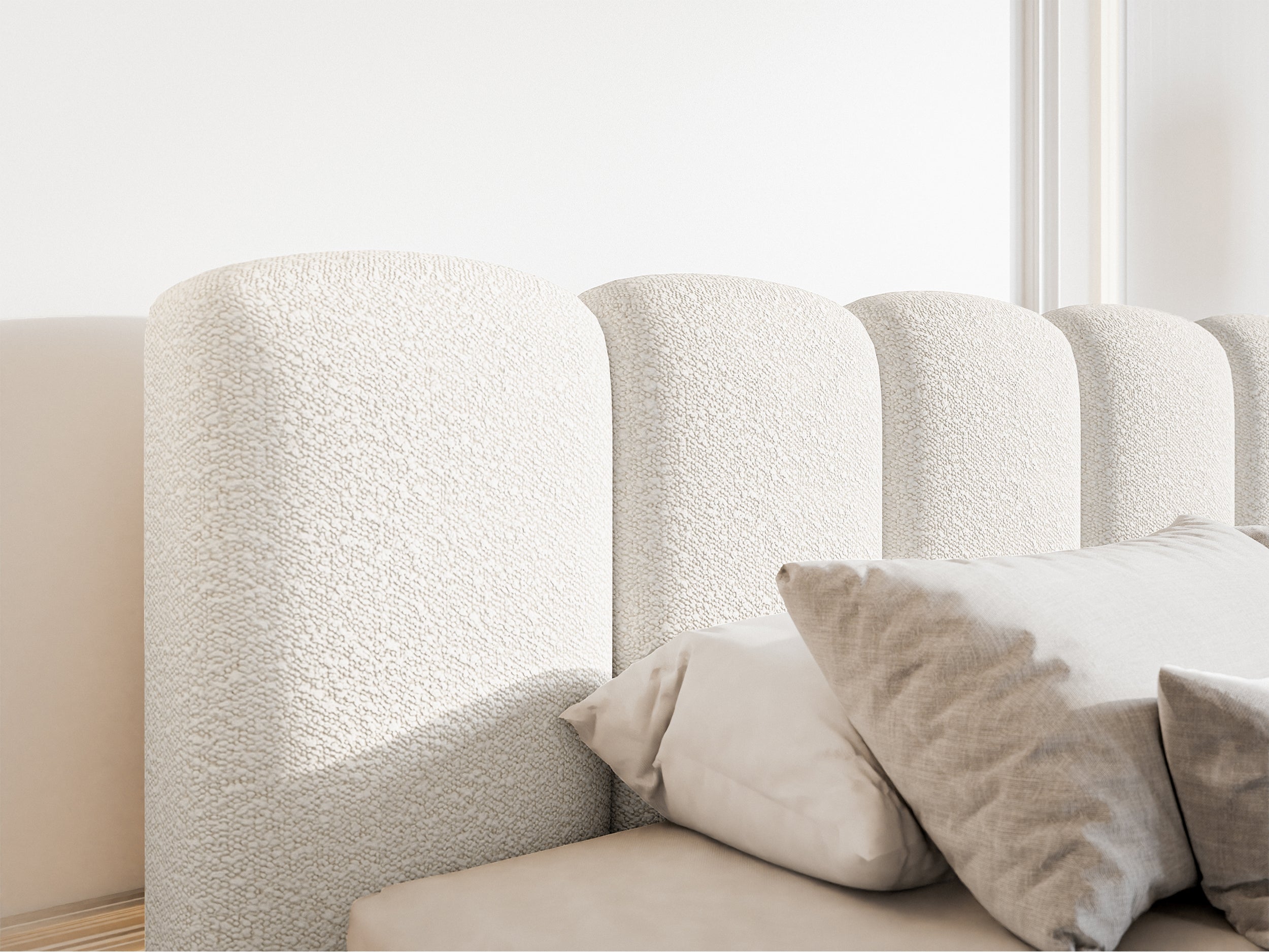 Łóżko tapicerowane 160x200 cm Cloudy II z pojemnikiem kremowe boucle stelaż metalowy