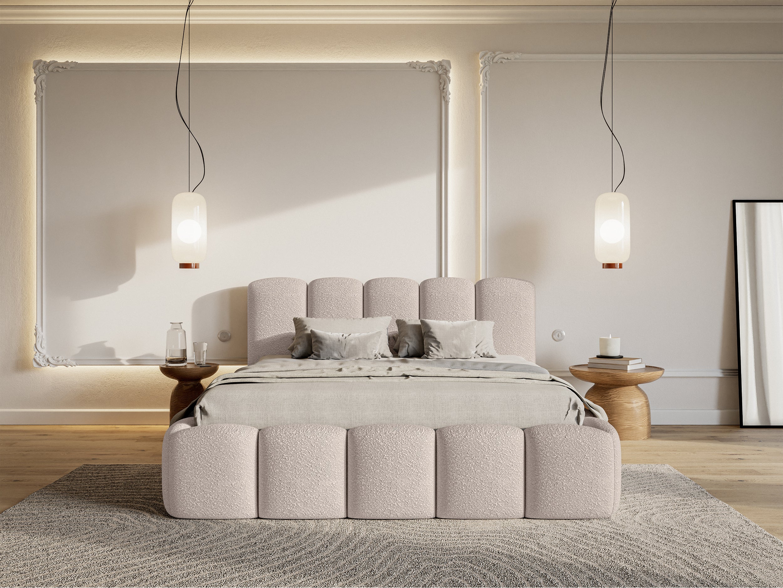 Łóżko tapicerowane 160x200 cm Cloudy II z pojemnikiem jasnobeżowe boucle stelaż metalowy