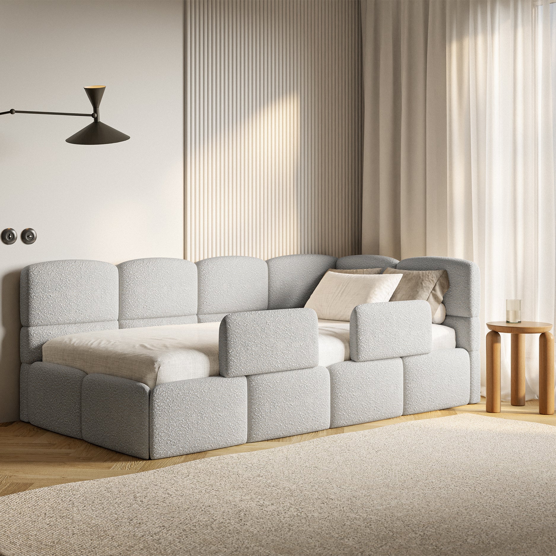 Łóżko młodzieżowe 120x200 cm Cloudy prawostronne z pojemnikiem i barierkami jasnoszare boucle