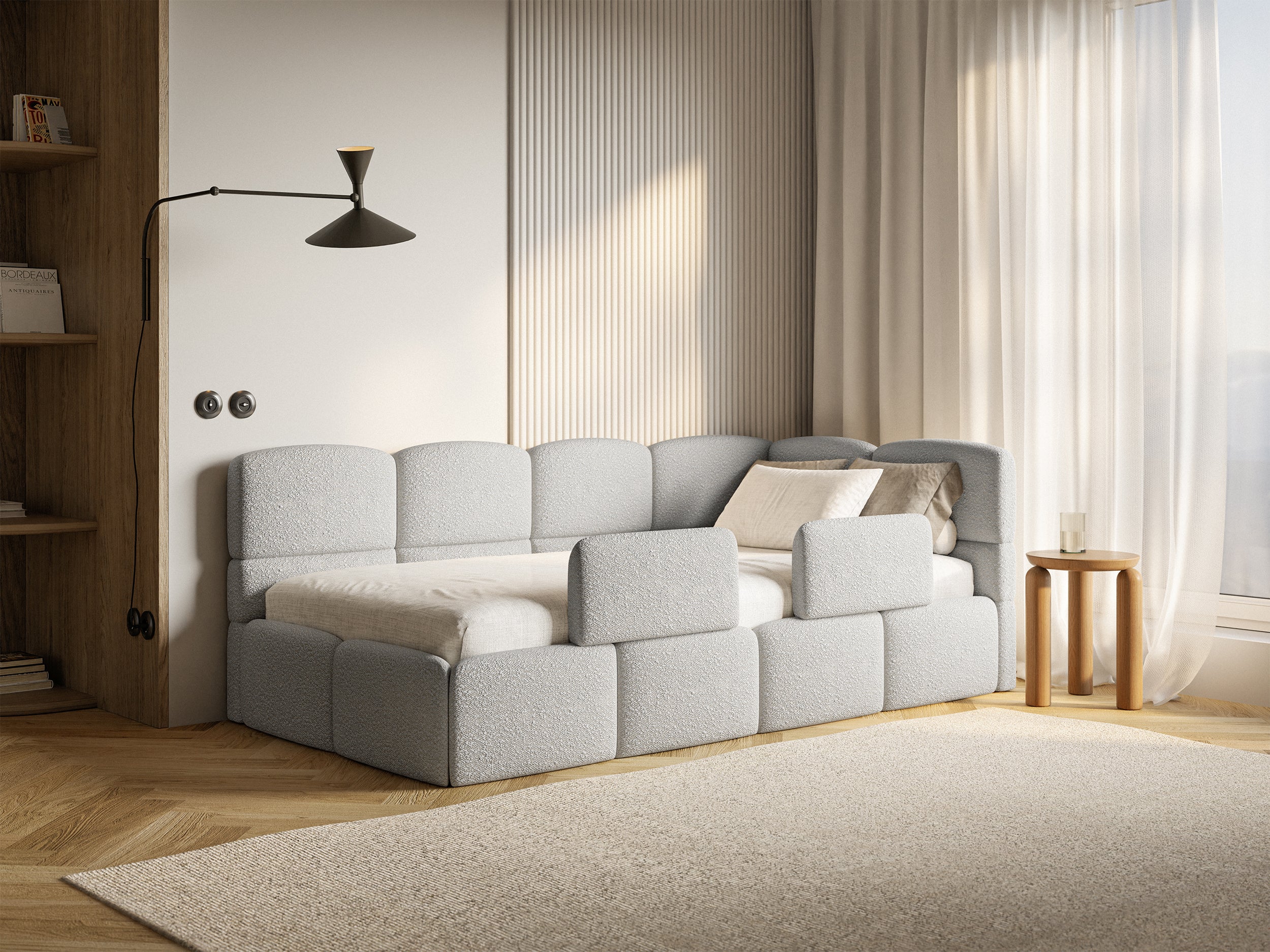 Łóżko młodzieżowe 90x200 cm Cloudy prawostronne z pojemnikiem i barierkami szarobeżowe boucle