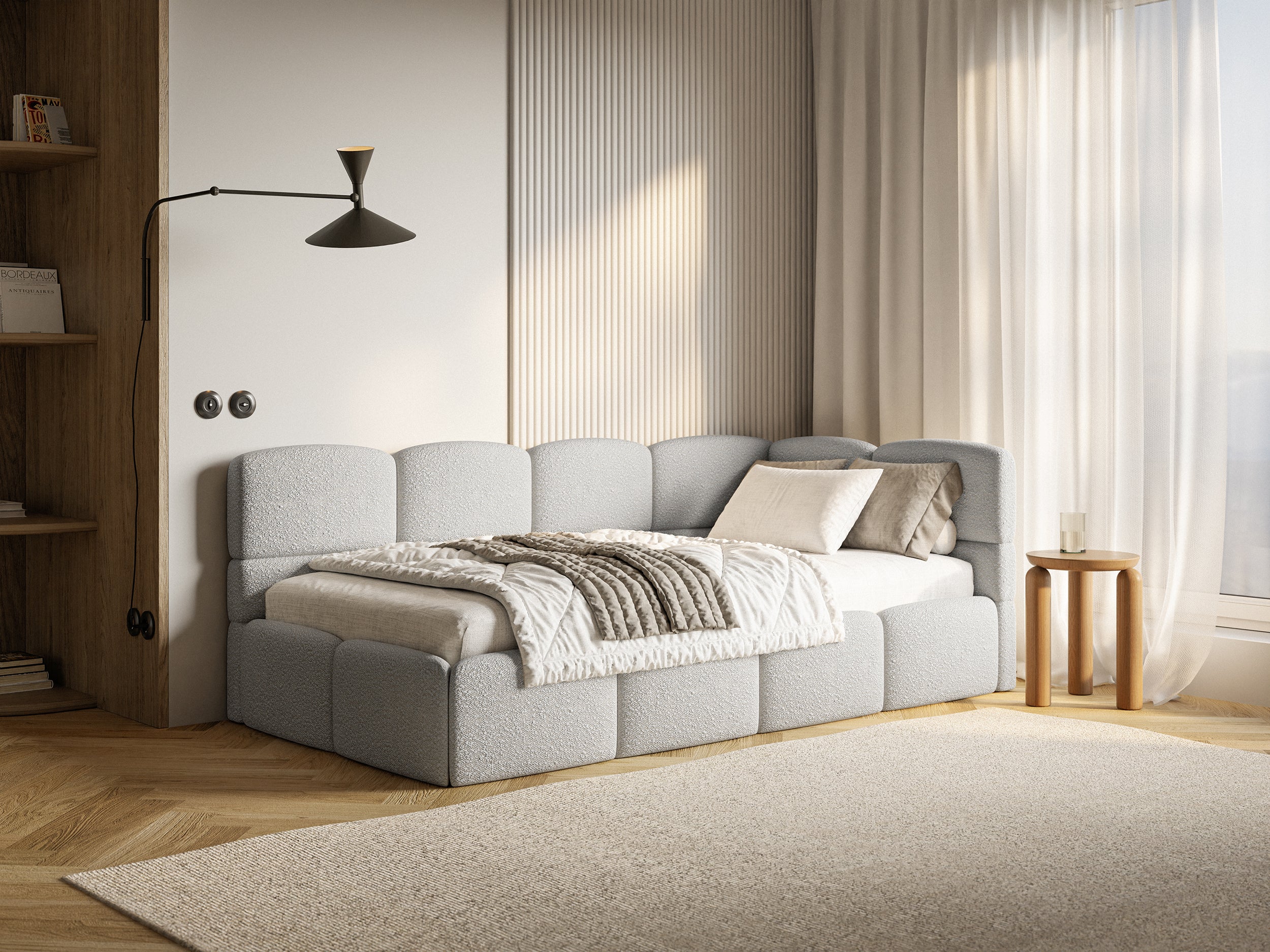 Łóżko młodzieżowe 120x200 cm Cloudy prawostronne z pojemnikiem i barierkami jasnoszare boucle