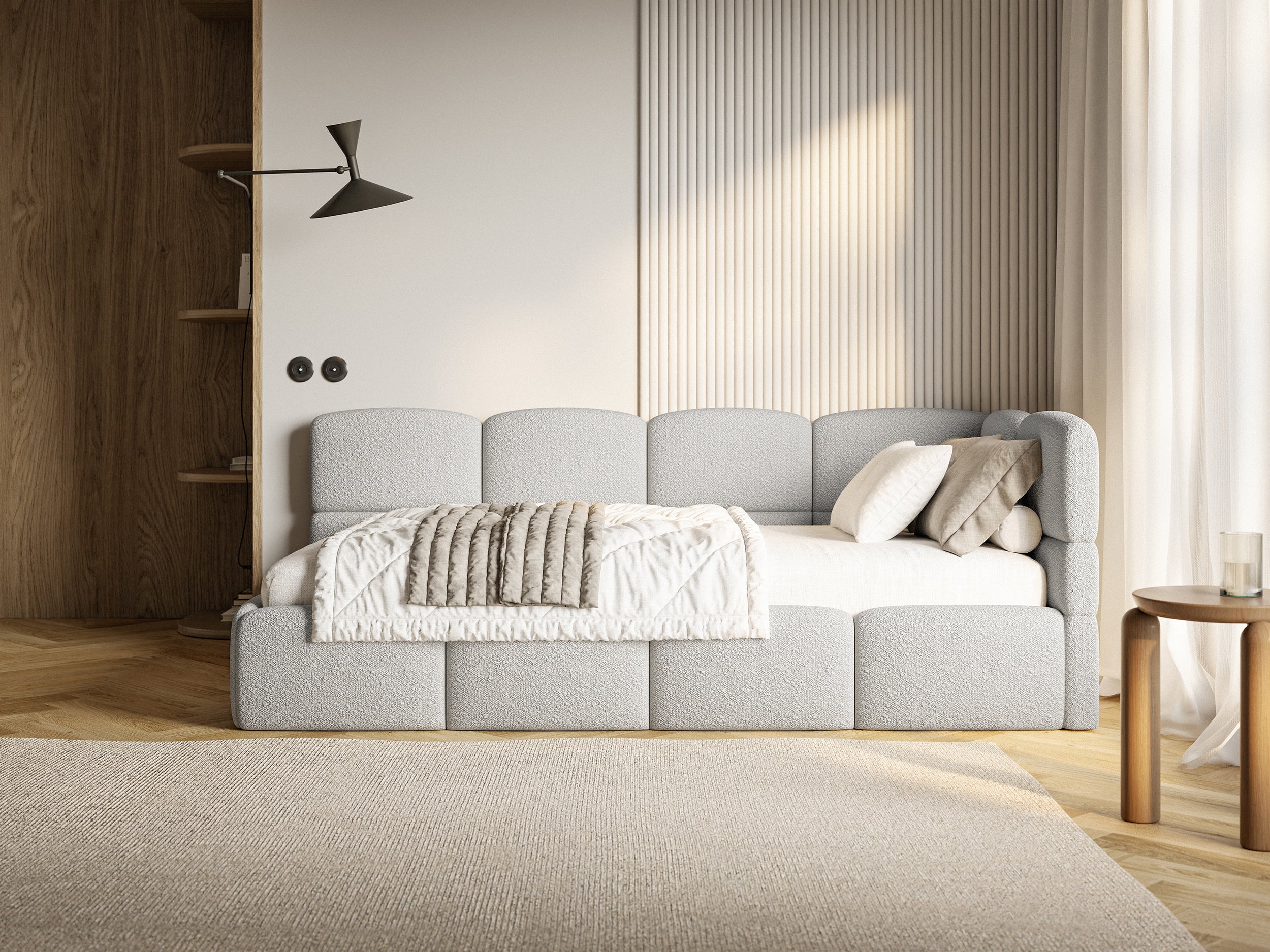 Łóżko młodzieżowe 120x200 cm Cloudy prawostronne z pojemnikiem i barierkami jasnoszare boucle