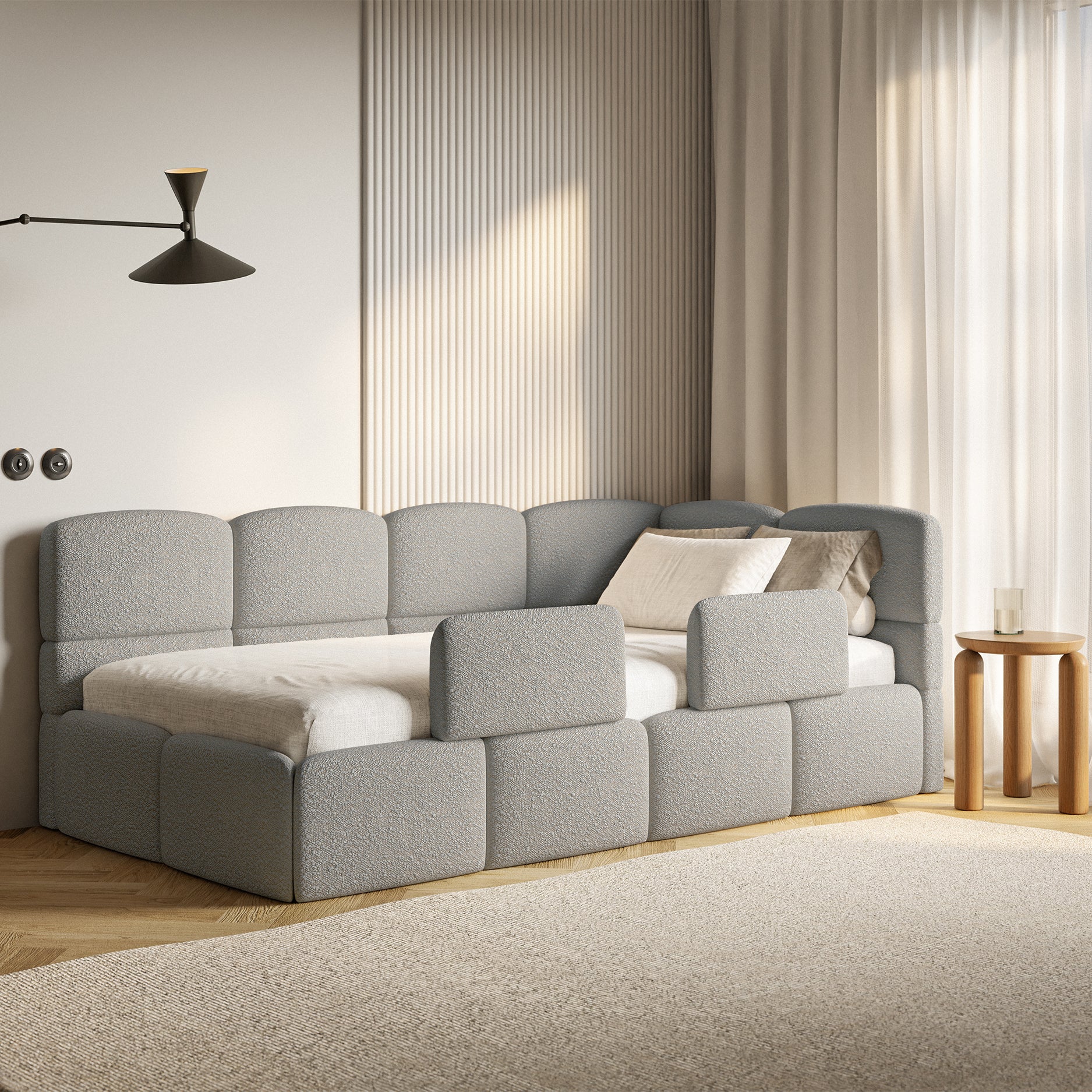 Łóżko młodzieżowe 120x200 cm Cloudy prawostronne z pojemnikiem i barierkami szare boucle