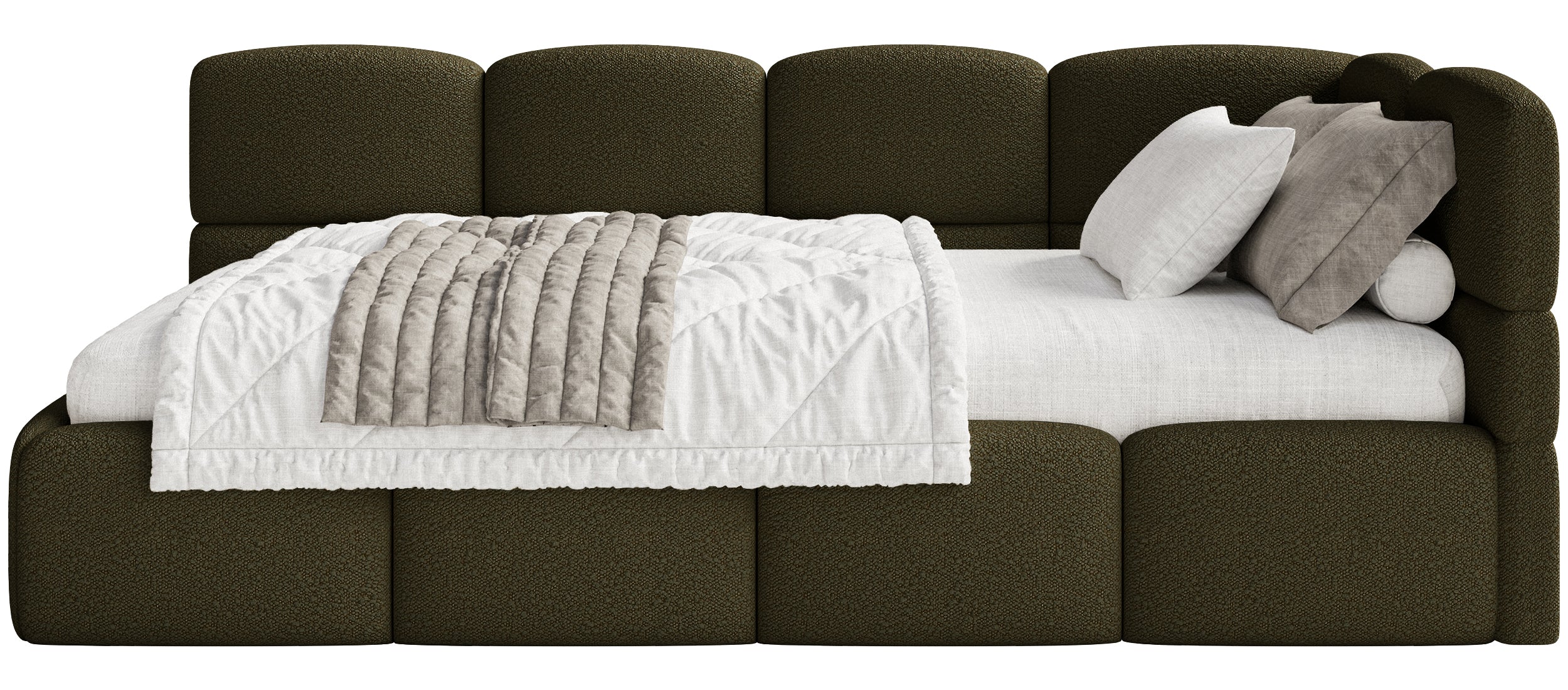 Łóżko młodzieżowe 90x200 cm Cloudy prawostronne z pojemnikiem oliwkowe boucle