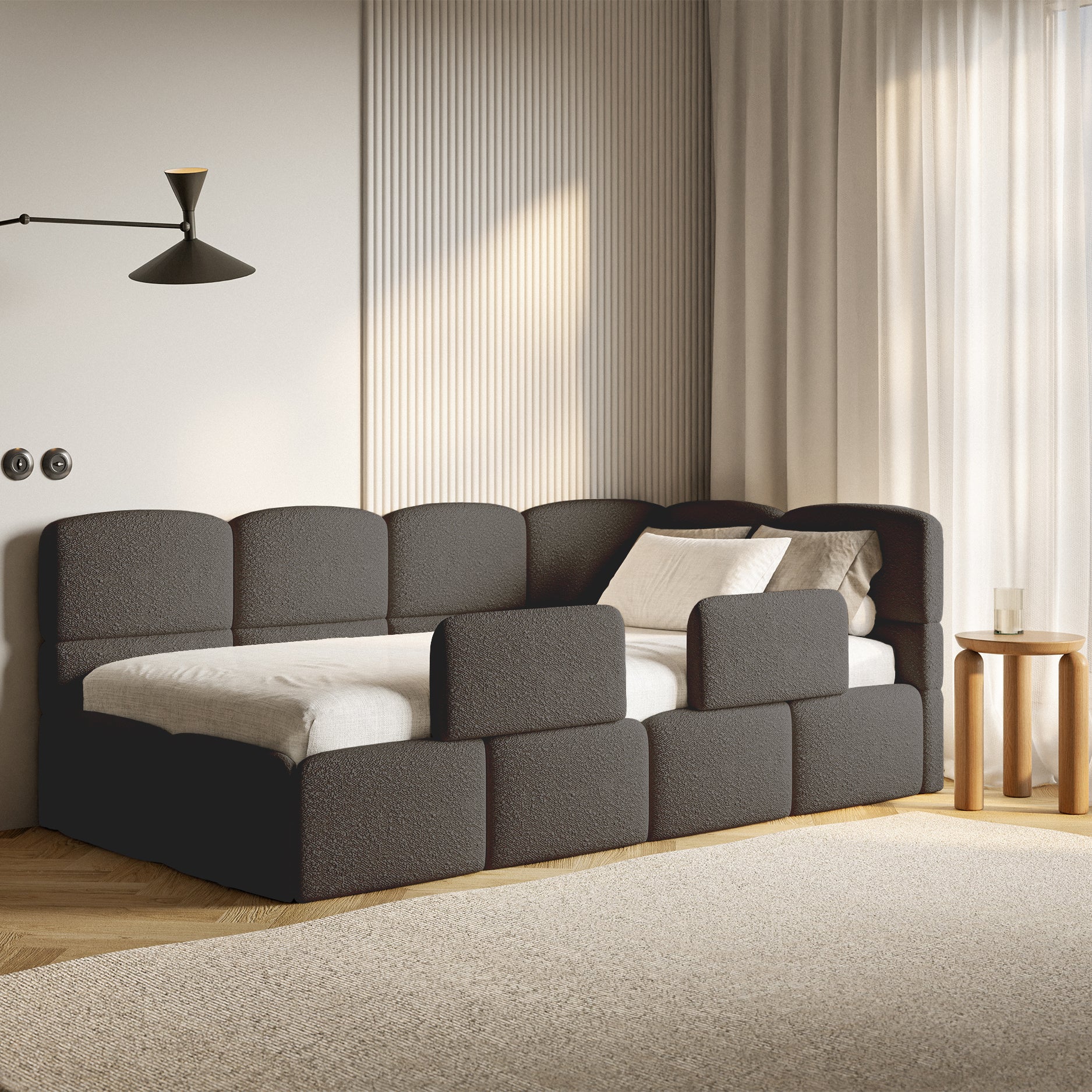 Łóżko młodzieżowe 120x200 cm Cloudy prawostronne z pojemnikiem i barierkami brązowe boucle