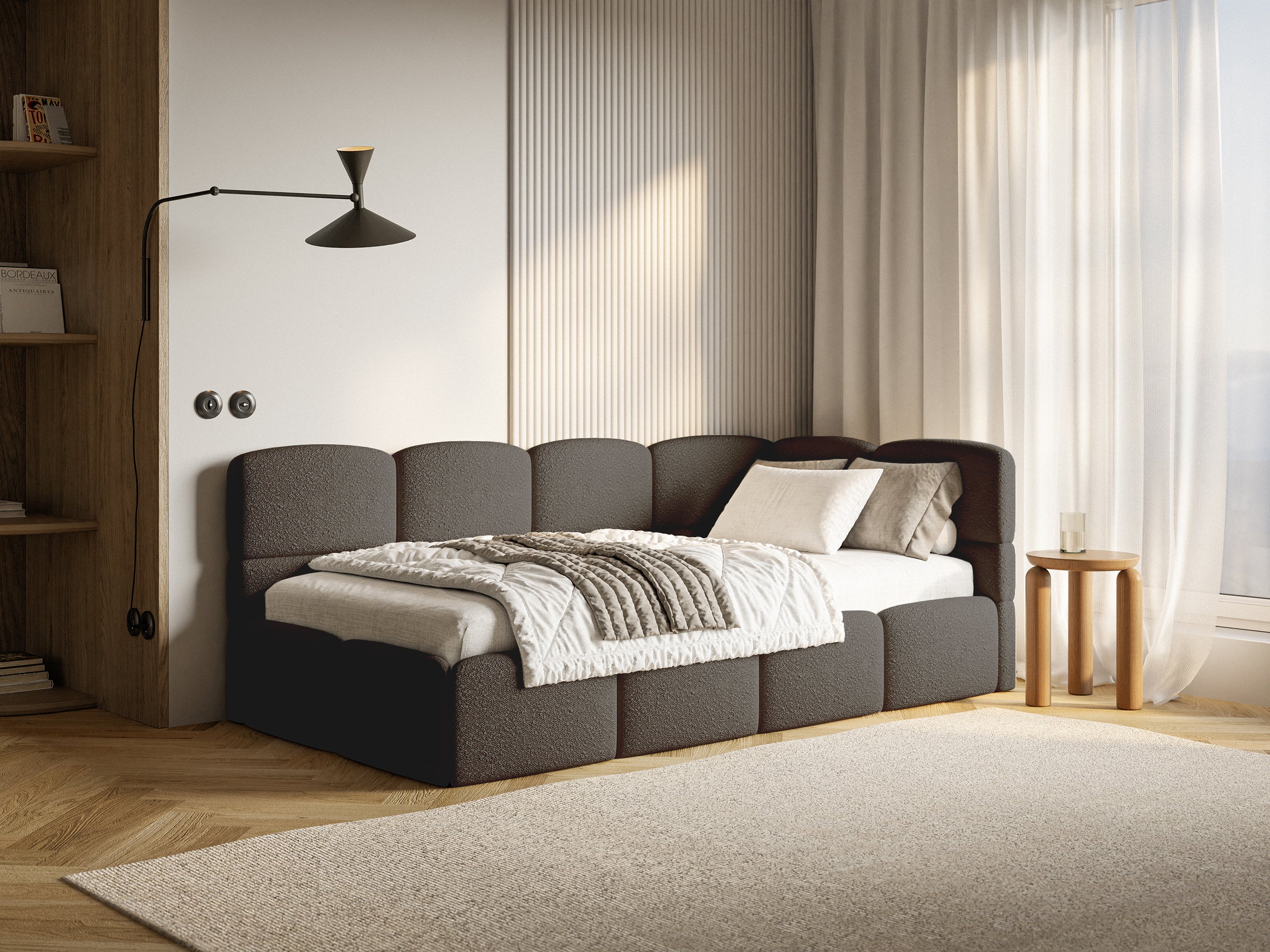 Łóżko młodzieżowe 90x200 cm Cloudy prawostronne z pojemnikiem i barierkami brązowe boucle